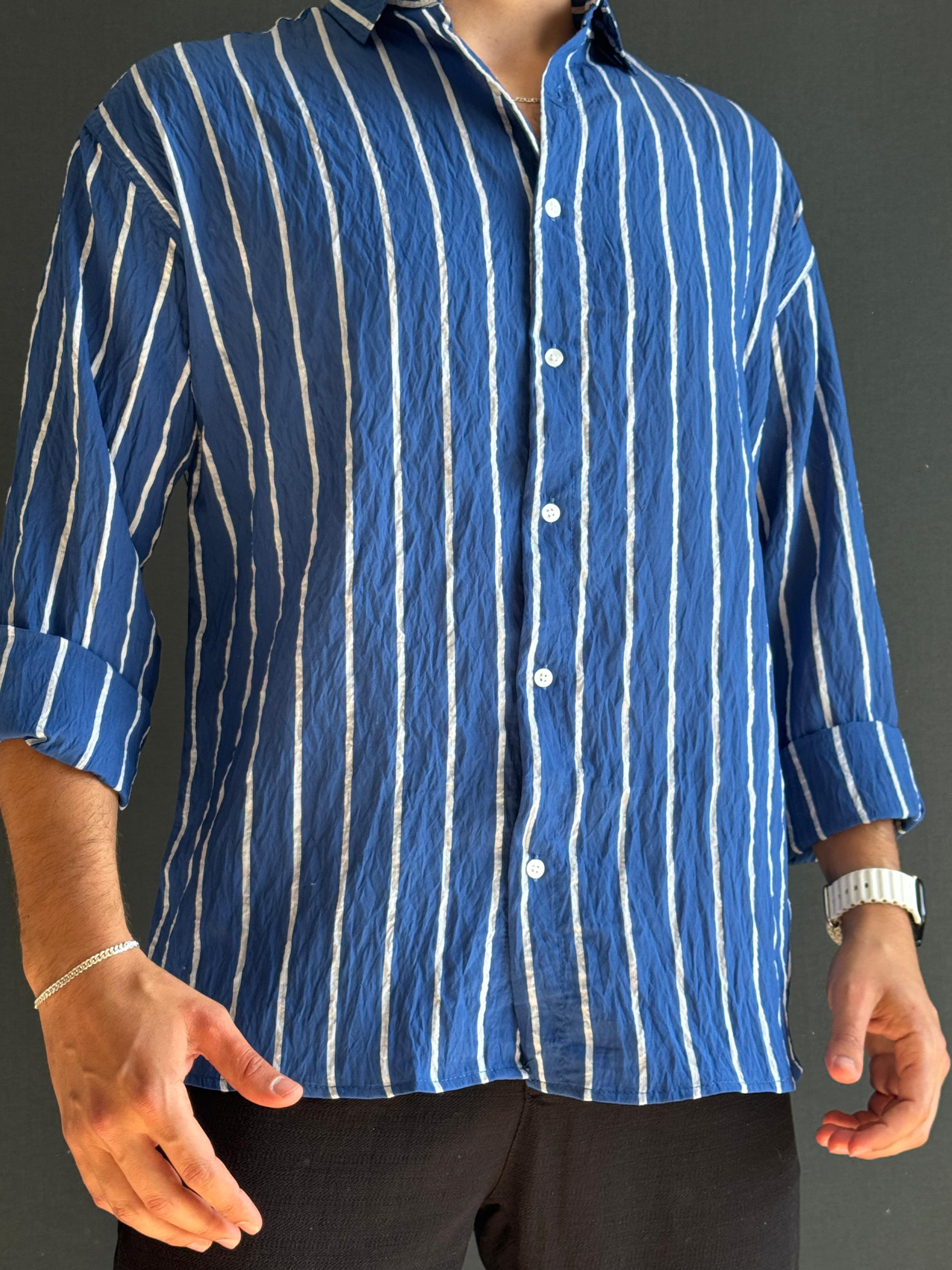 Premium Modal Oversize Kalıp Çizgi Detaylı Gömlek Lacivert