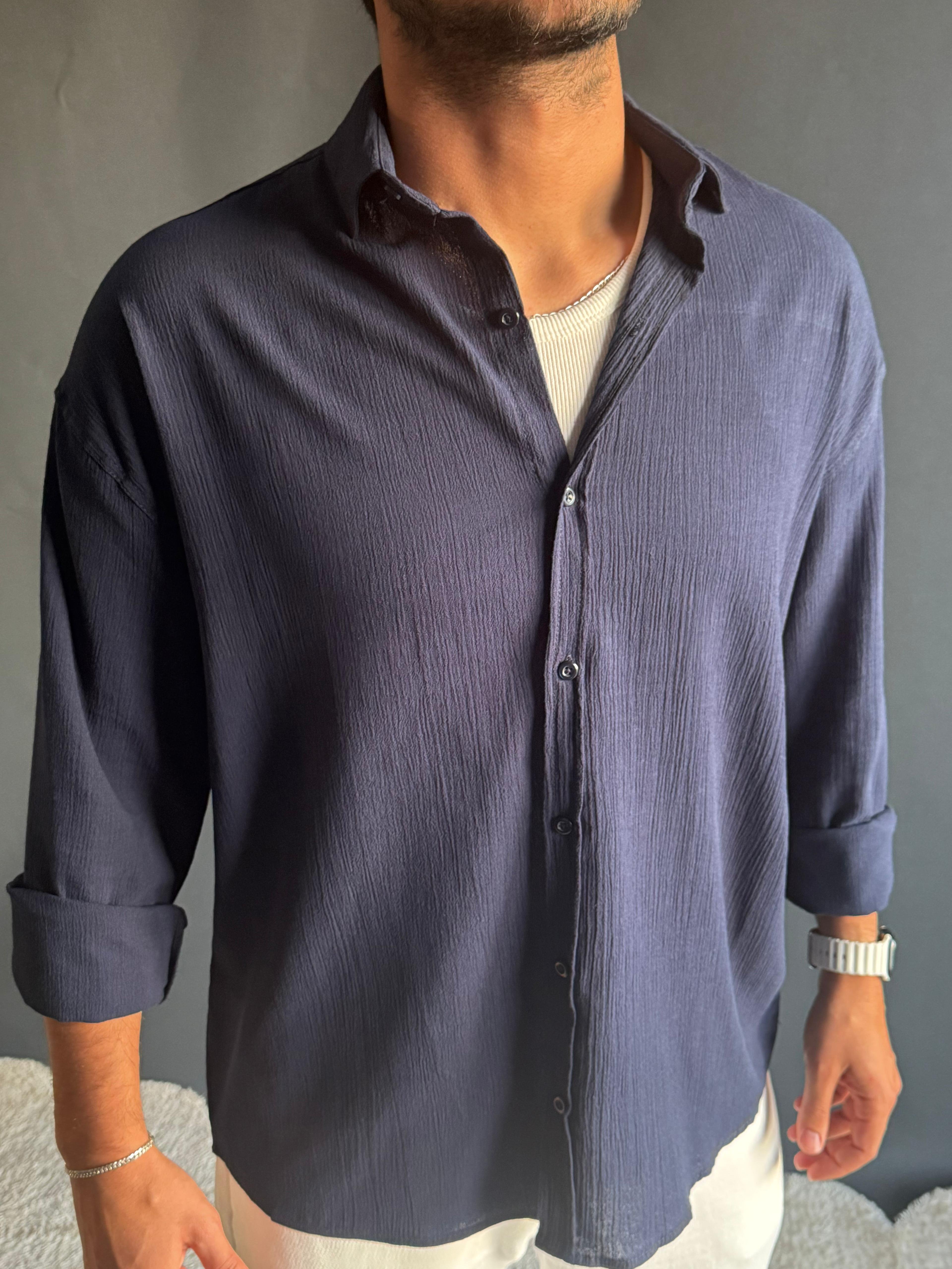 Premium Oversize Kalıp Krinkıl Gömlek Lacivert