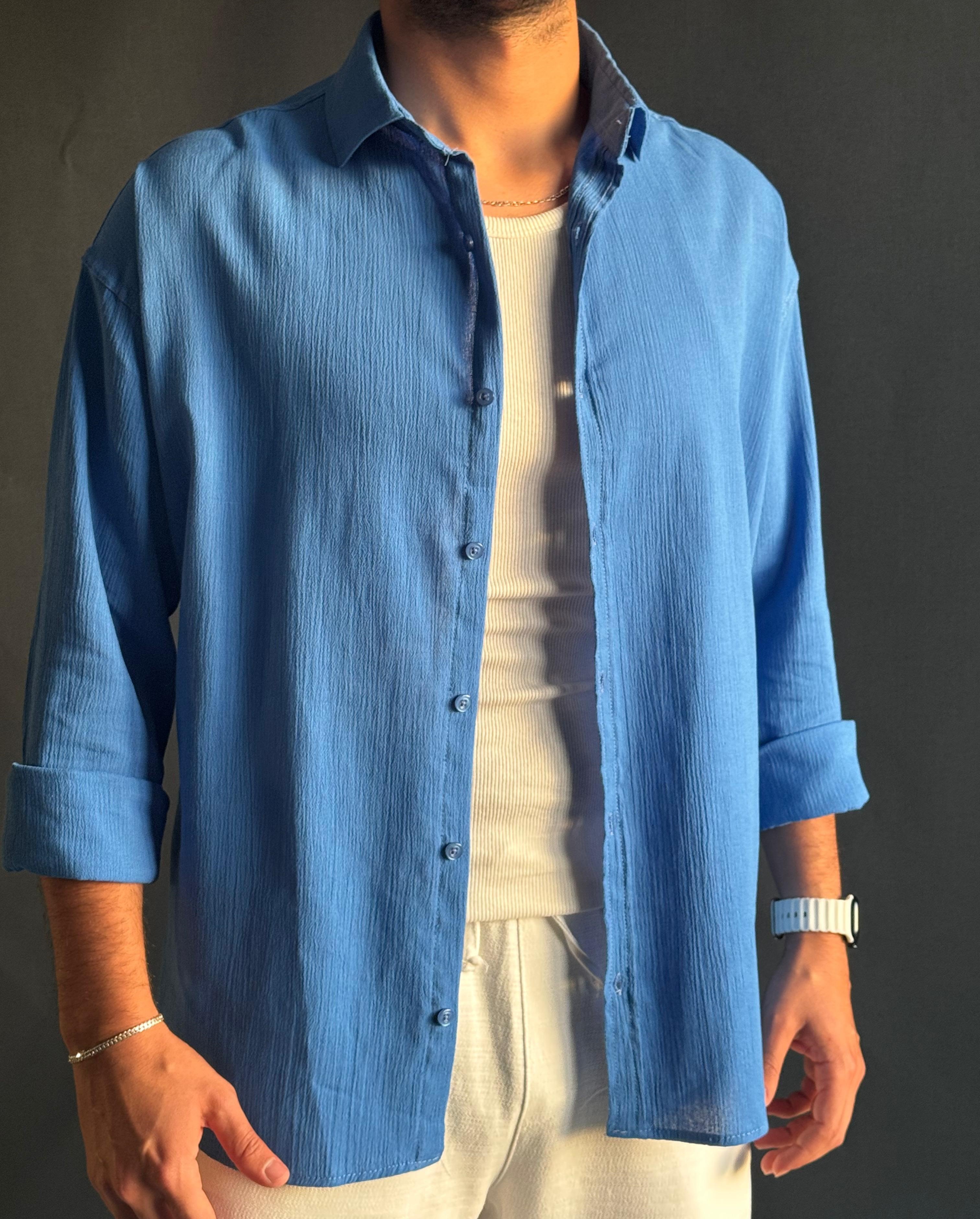 Premium Oversize Kalıp Krinkıl Gömlek Mavi