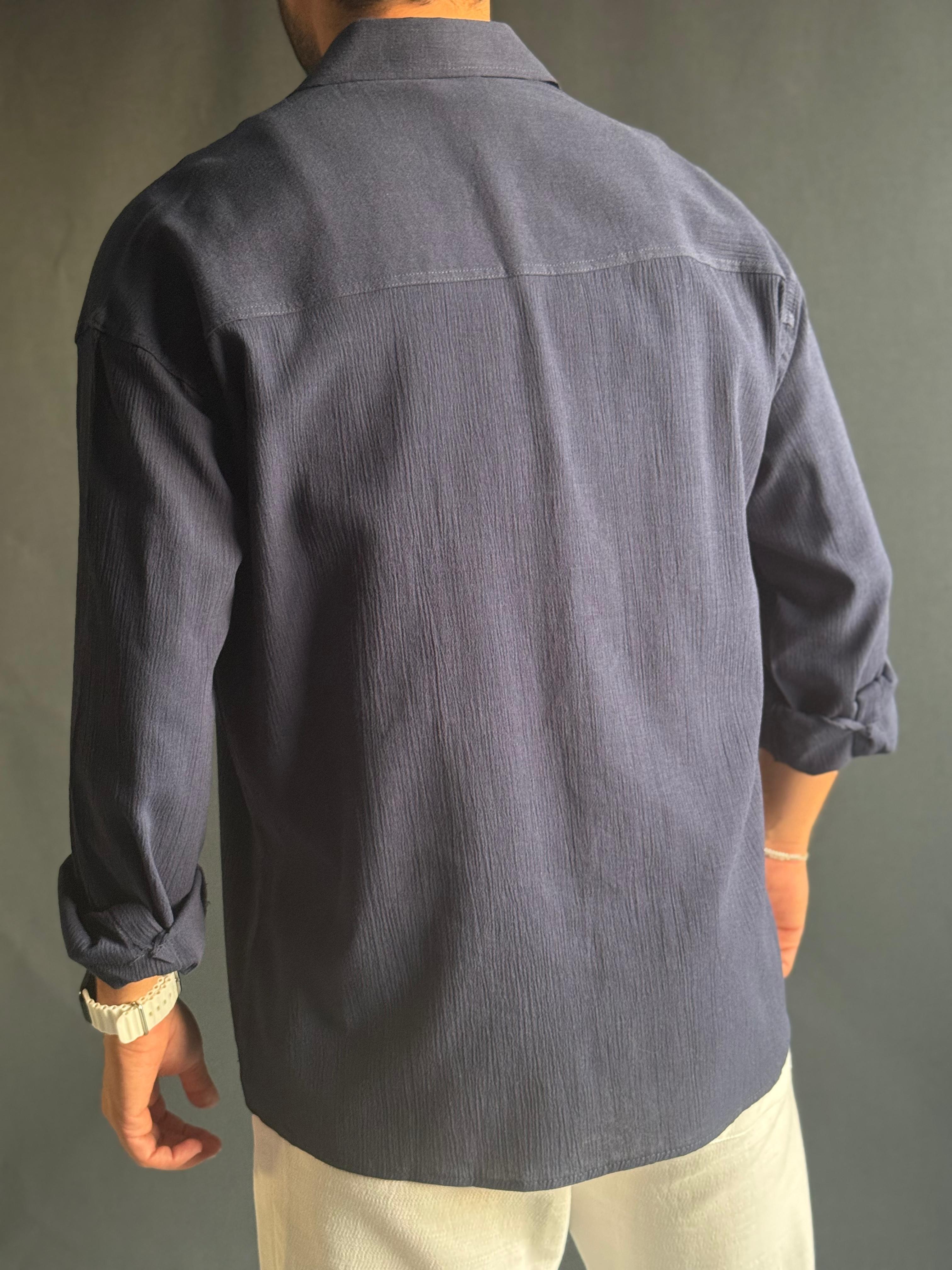Premium Oversize Kalıp Krinkıl Gömlek Lacivert