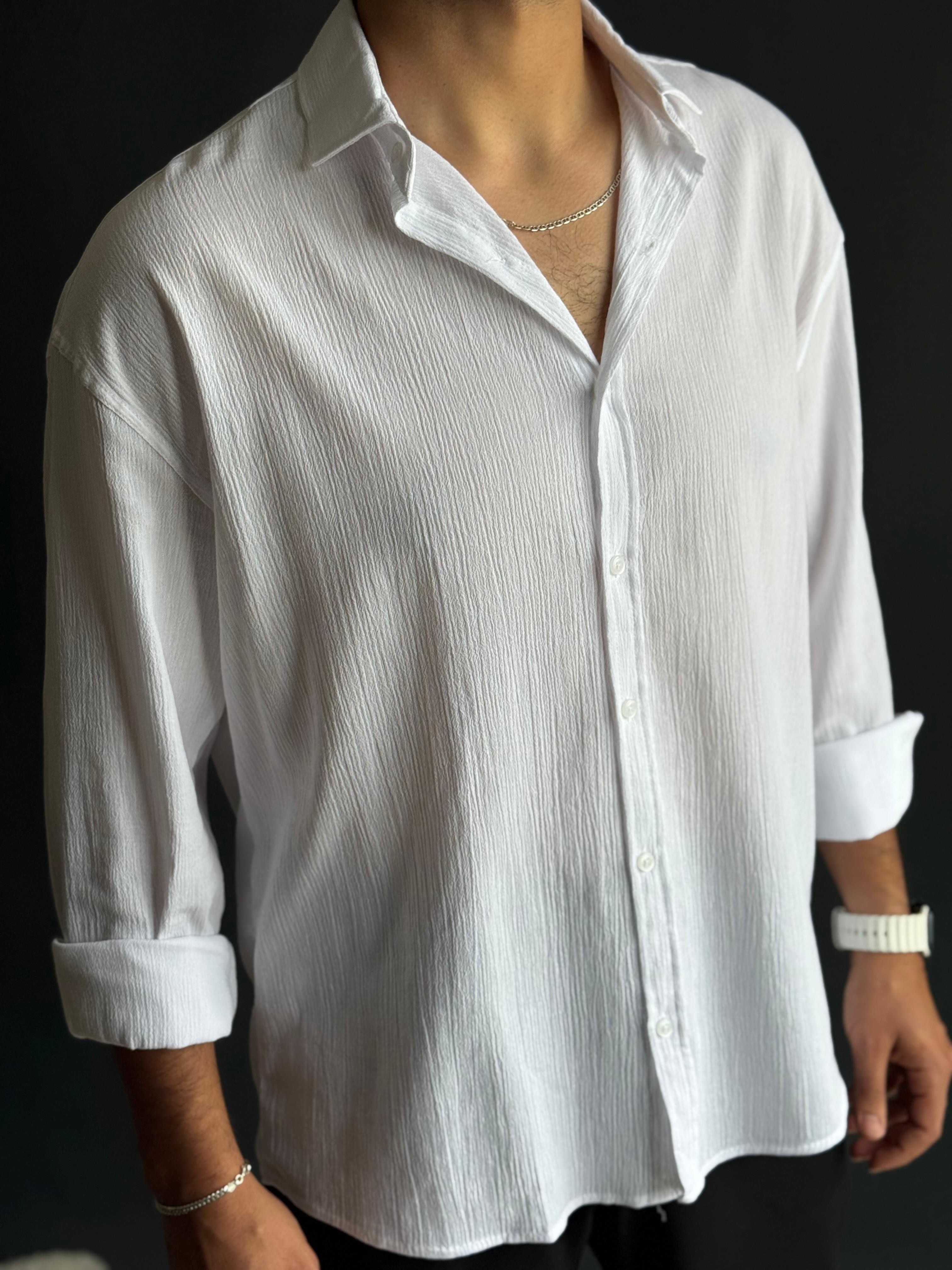 Premium Oversize Kalıp Krinkıl Gömlek Beyaz