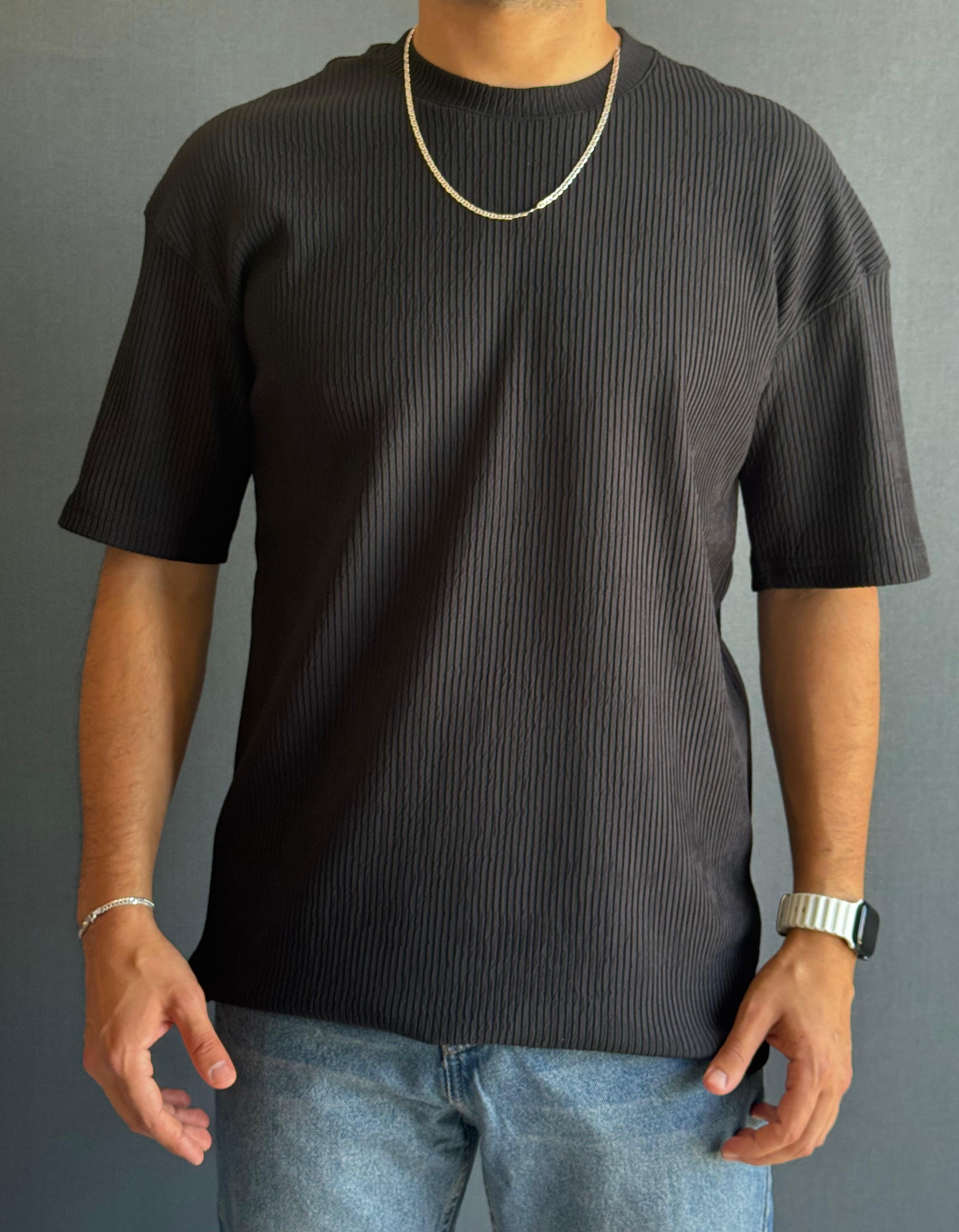 Bisiklet Yaka Oversize Kalıp Jakar T-Shirt Siyah