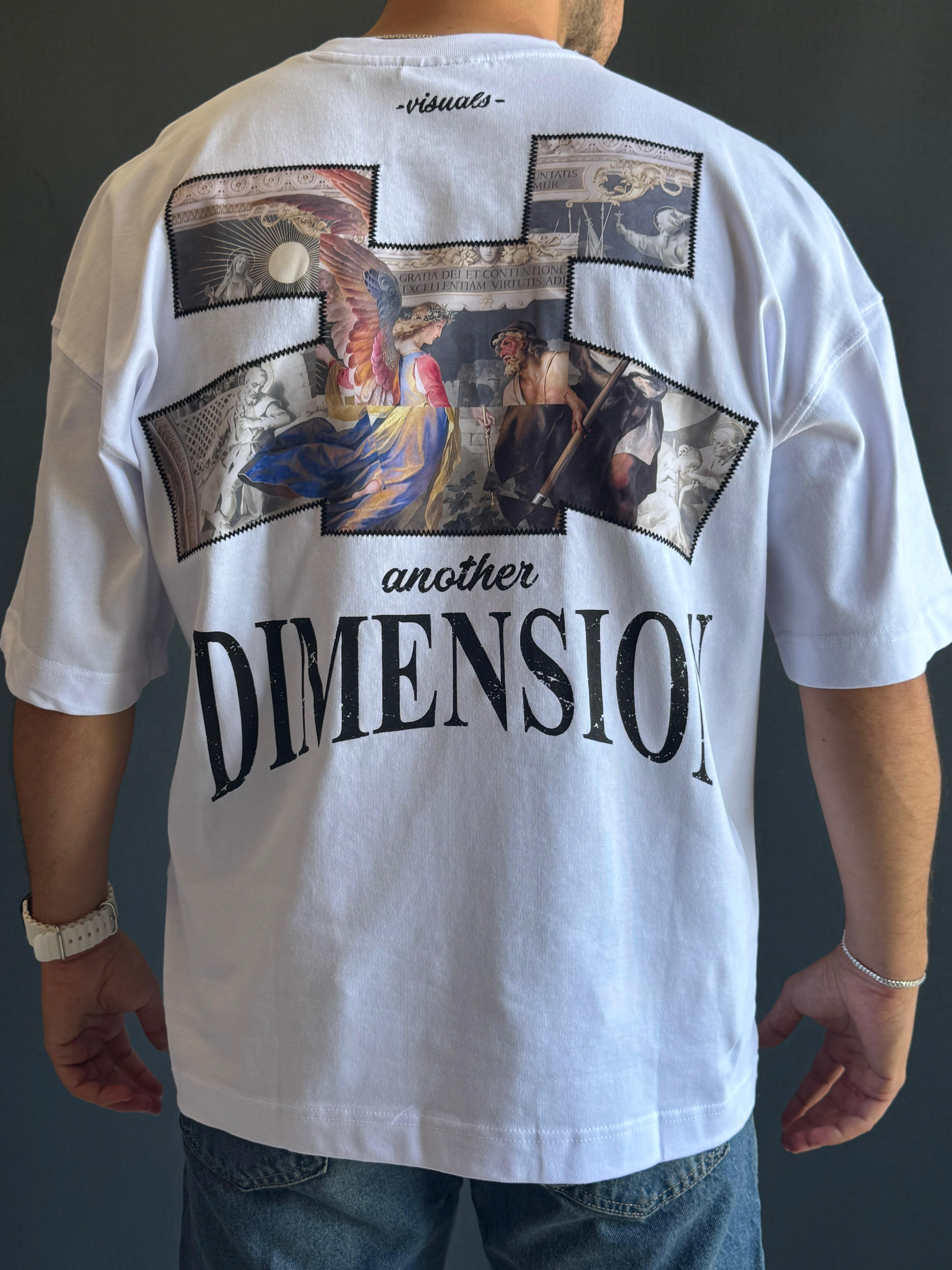 Premium Oversize Dimension Baskı Detaylı T-Shirt Beyaz