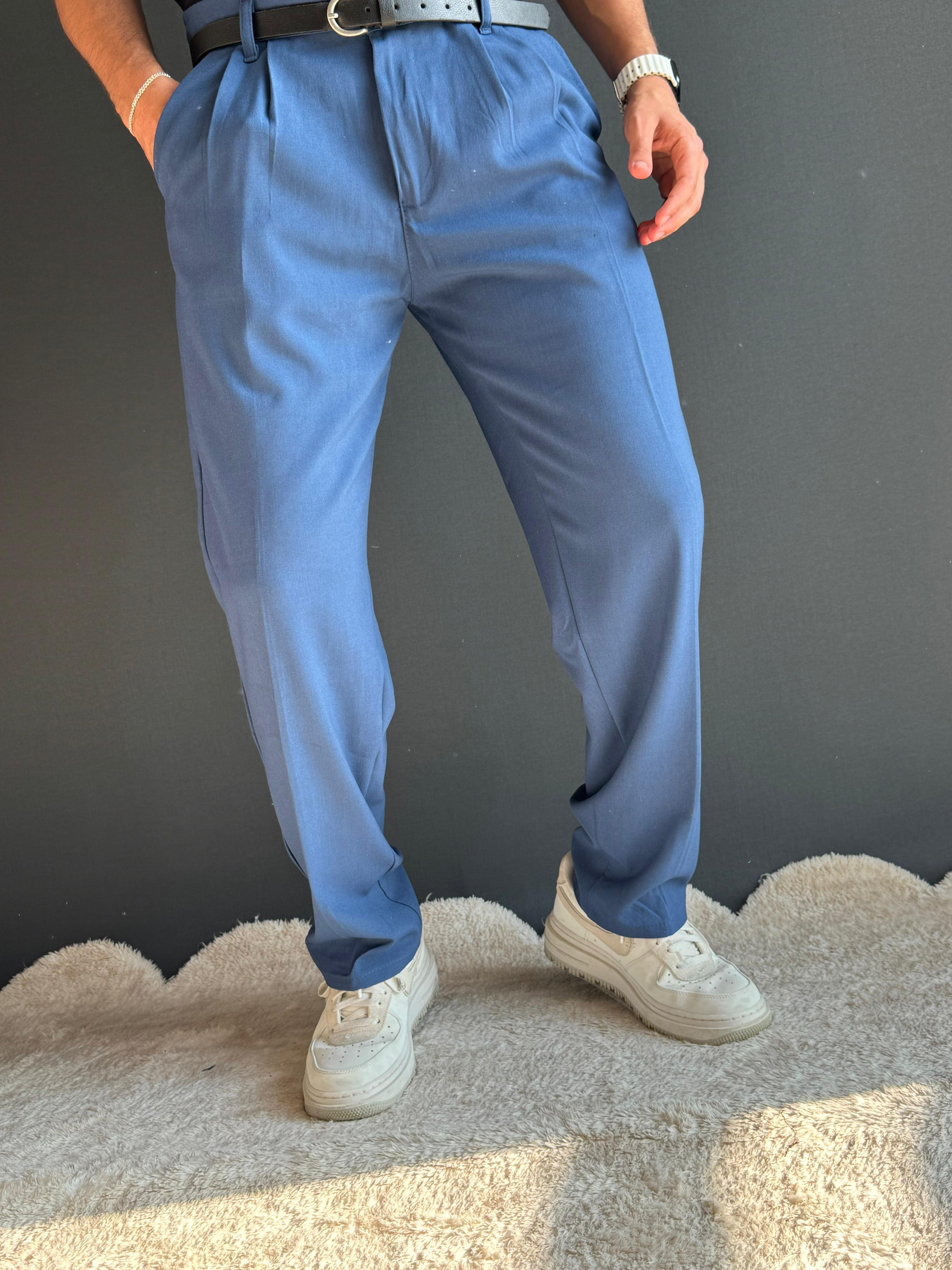 Yüksek Kaliteli Kumaş Pantolon Baggy Kalıp Mavi