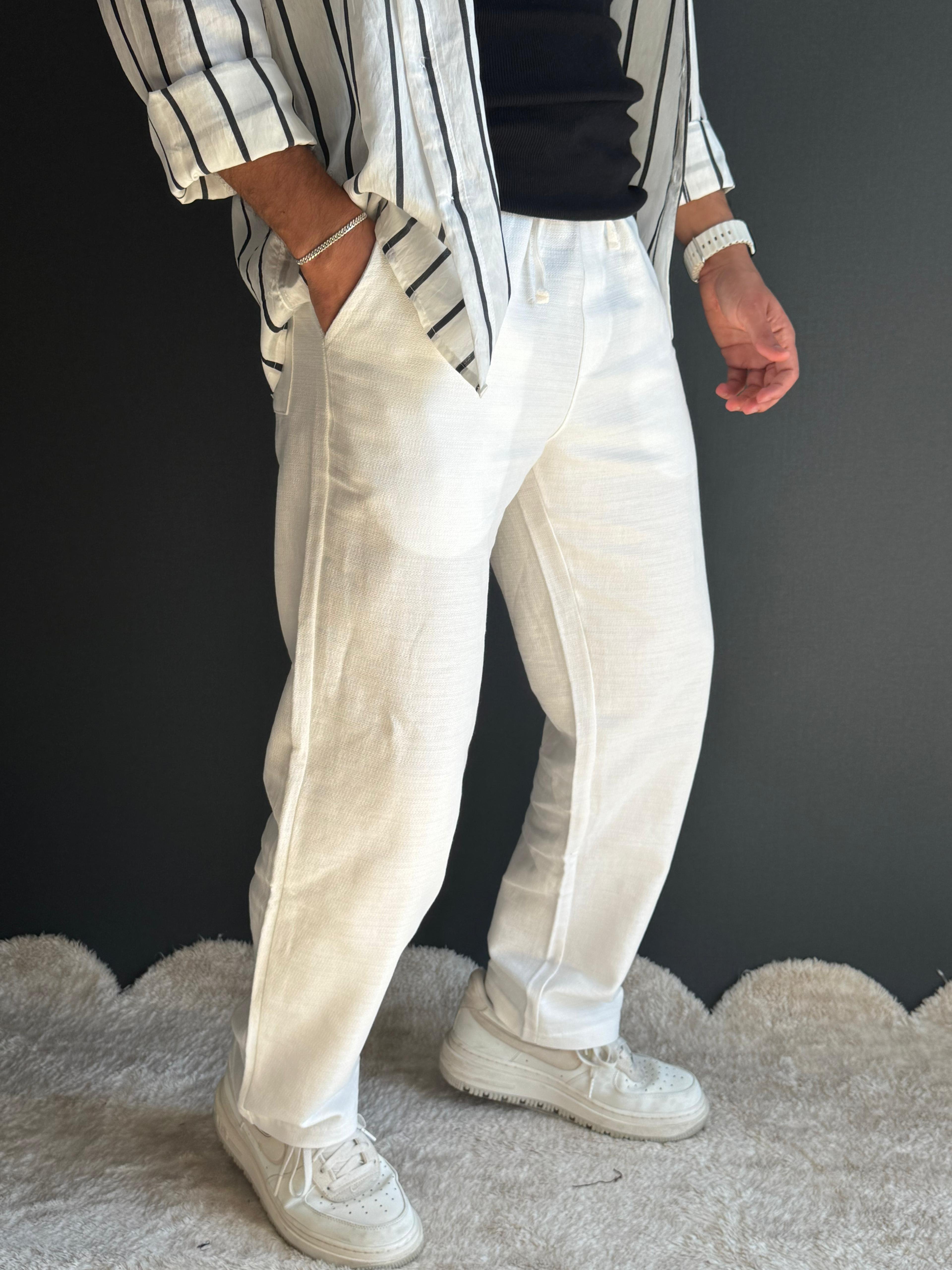 Premium Baggy Kalıp Düz Paça Keten Pantolon Beyaz