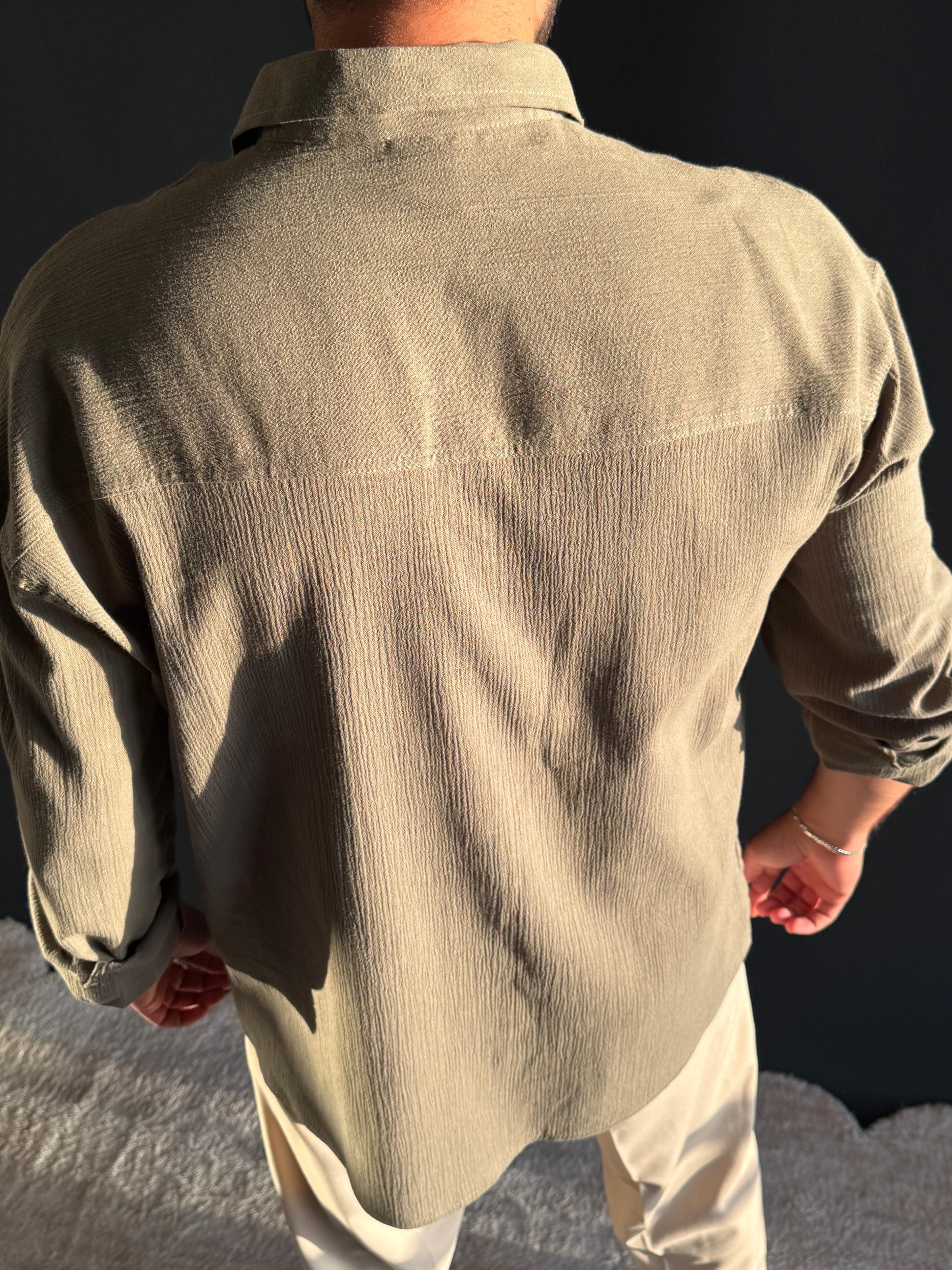 Premium Oversize Kalıp Krinkıl Gömlek Haki