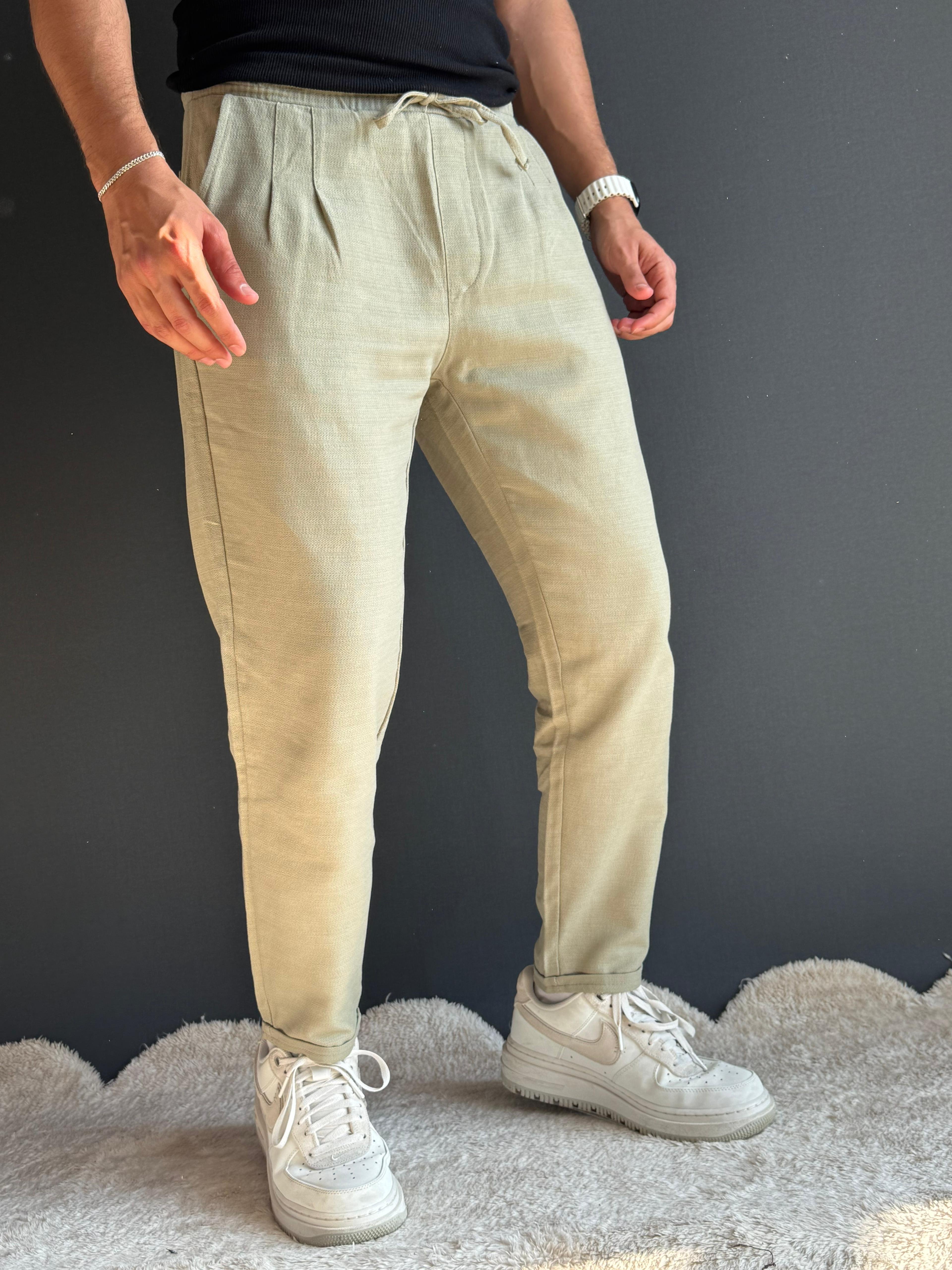 Premium Duble Paça Boyfriend Kalıp Keten Pantolon Haki