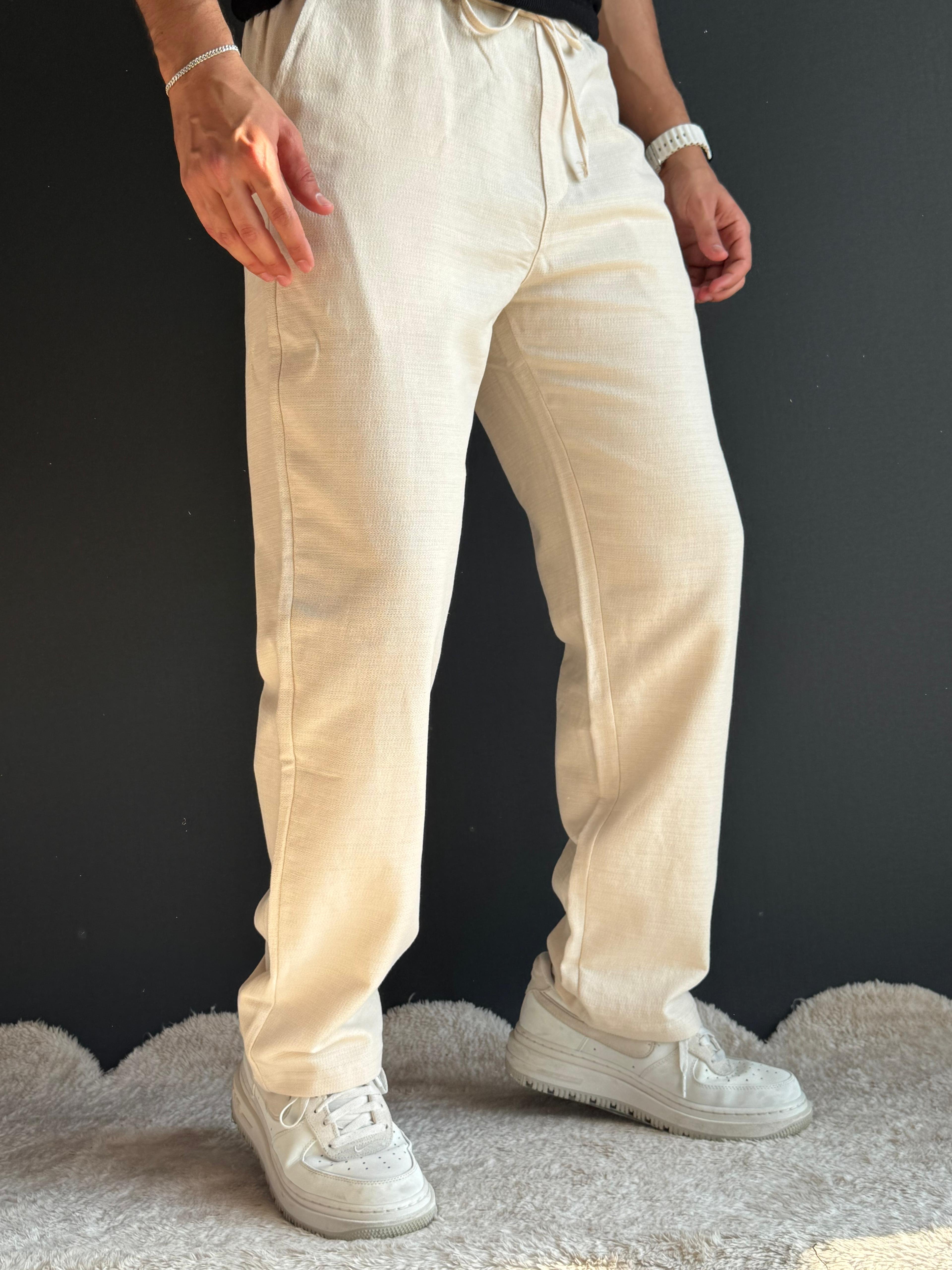 Premium Baggy Kalıp Düz Paça Keten Pantolon Krem