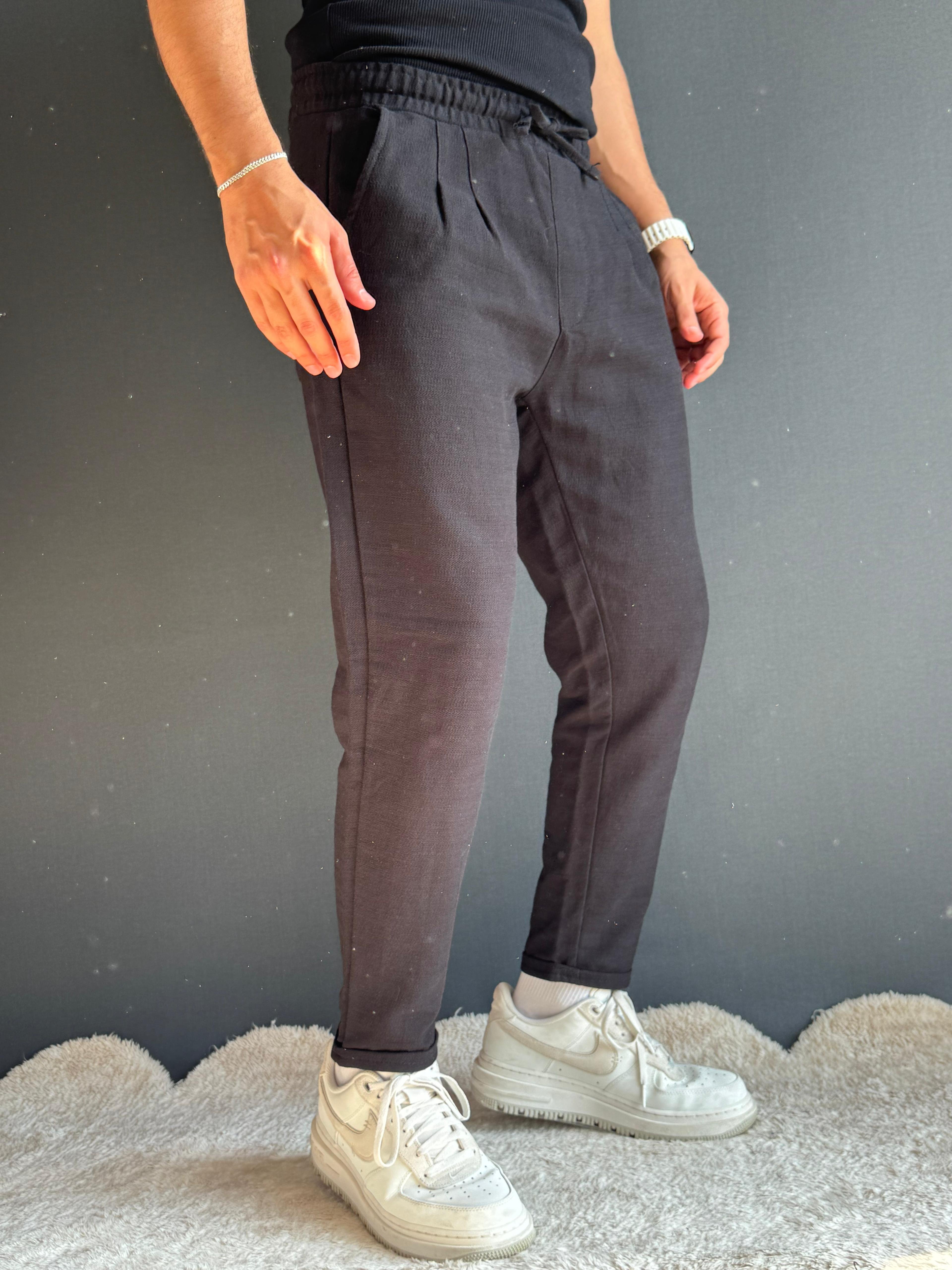Premium Duble Paça Boyfriend Kalıp Keten Pantolon Siyah