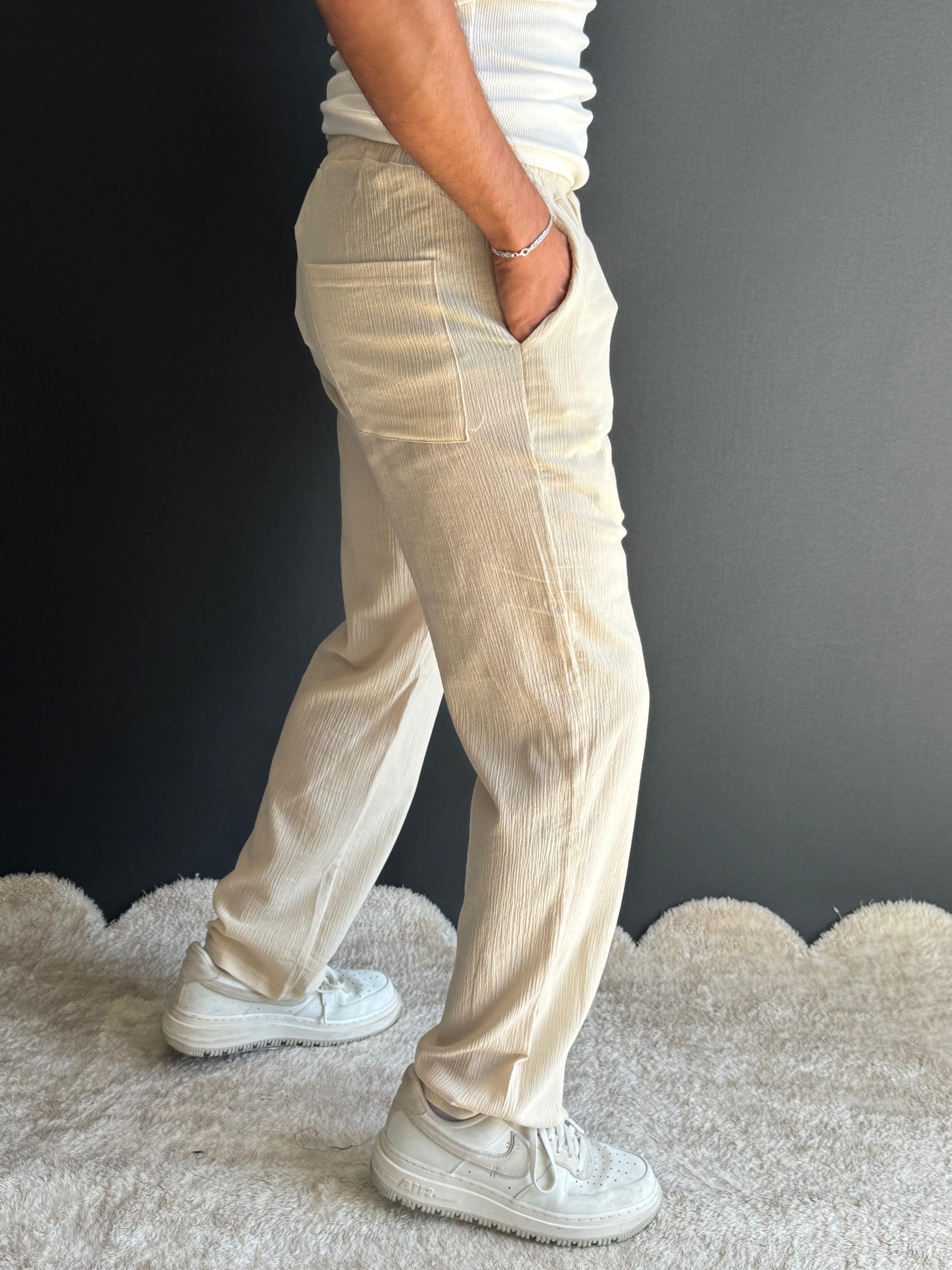 Premium Gofre Kumaş Baggy Kalıp Pantolon Krem