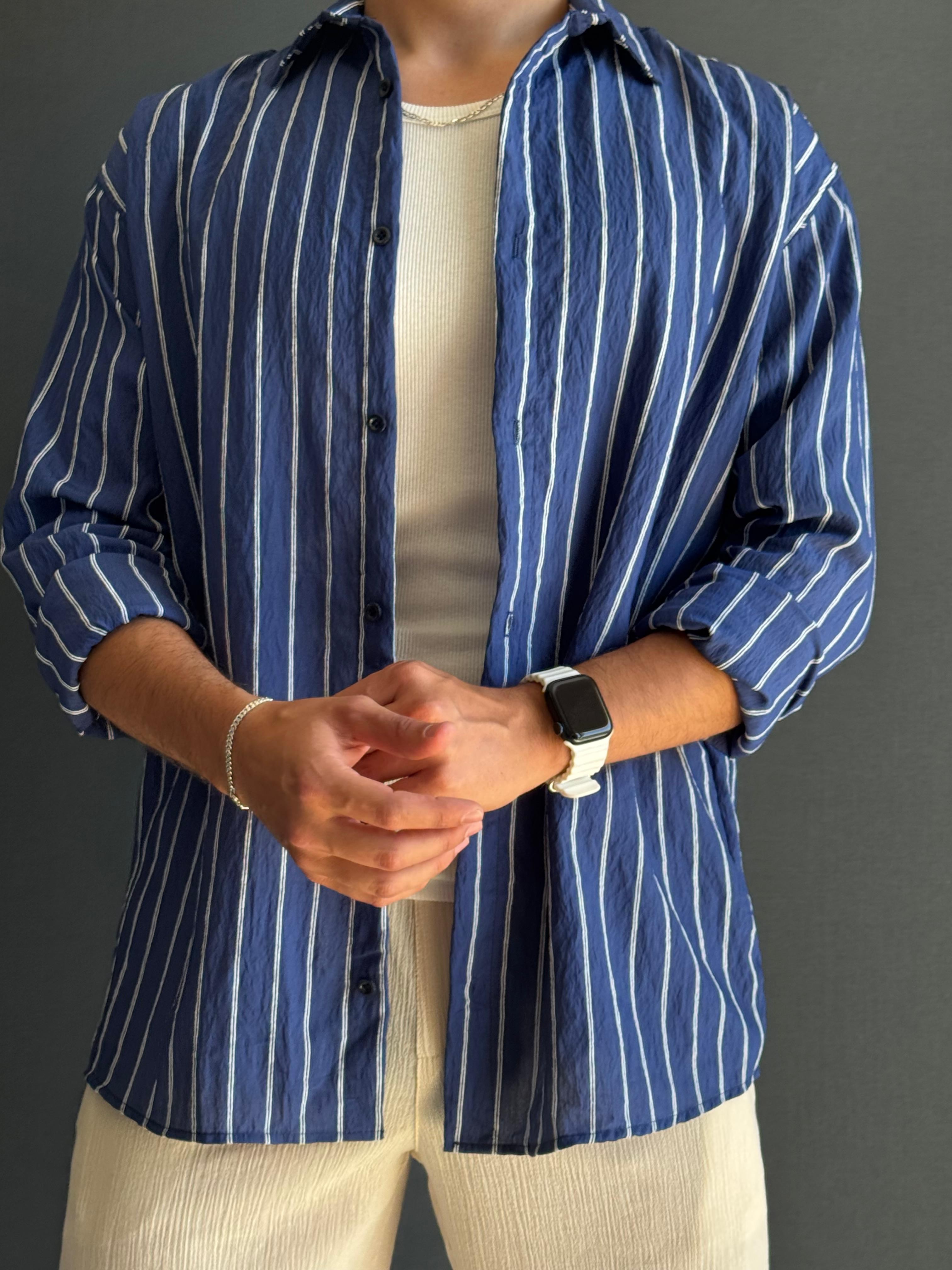 Premium Modal Oversize Kalıp Çizgi Detaylı Gömlek Lacivert