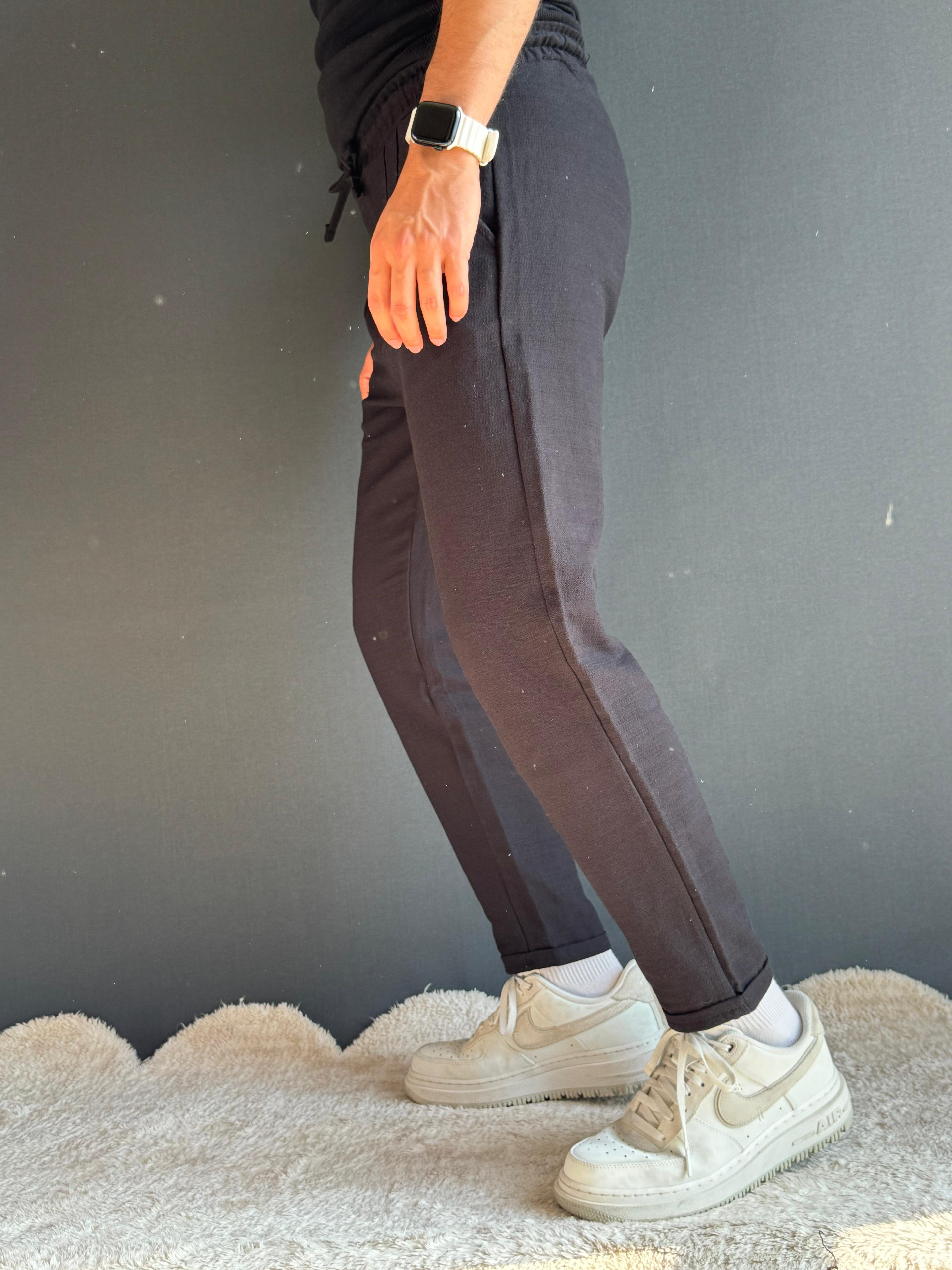 Premium Duble Paça Boyfriend Kalıp Keten Pantolon Siyah