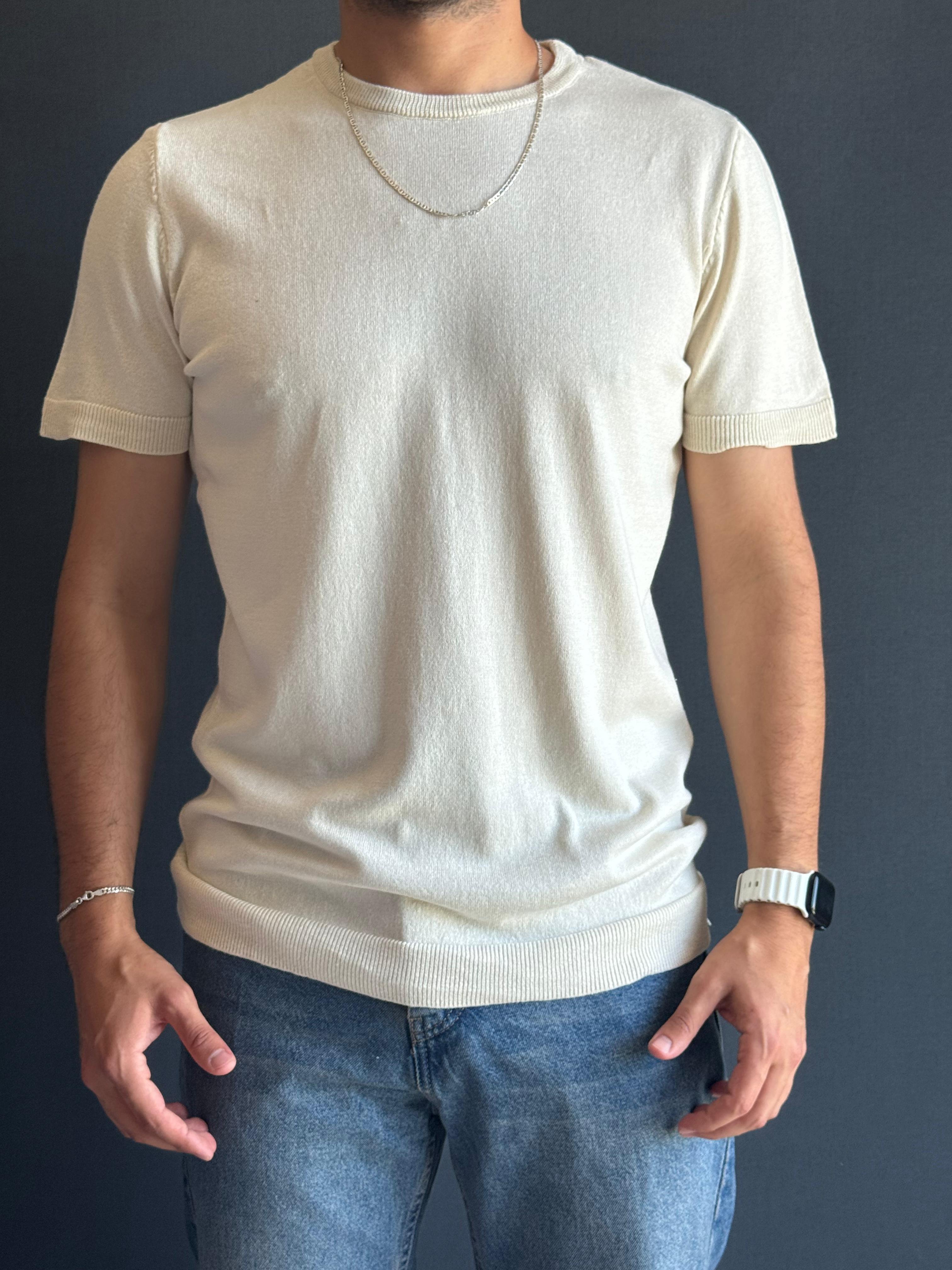 Bisiklet Yaka Triko T-Shirt Krem