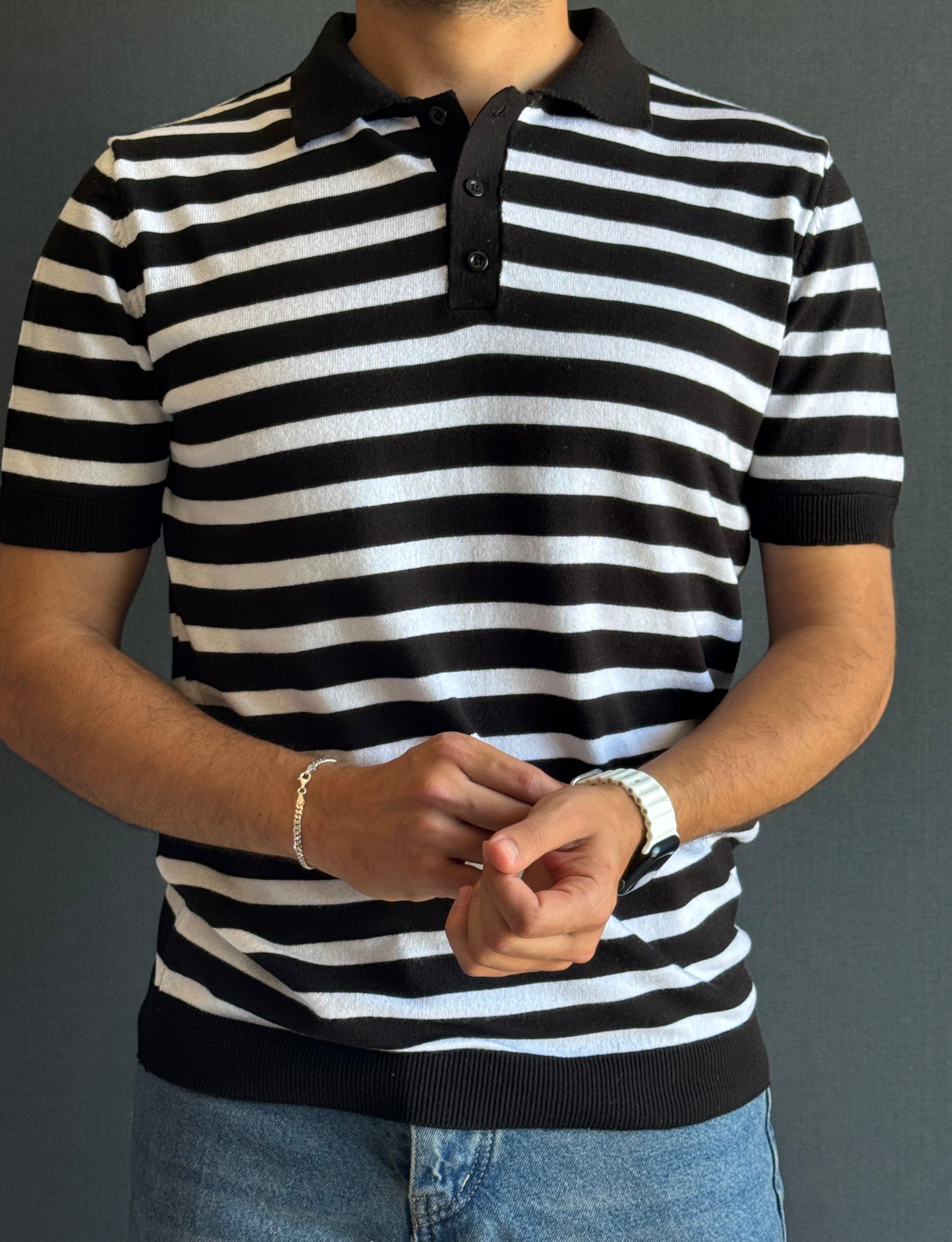 Polo Yaka Triko T-Shirt Siyah Beyaz Desenli