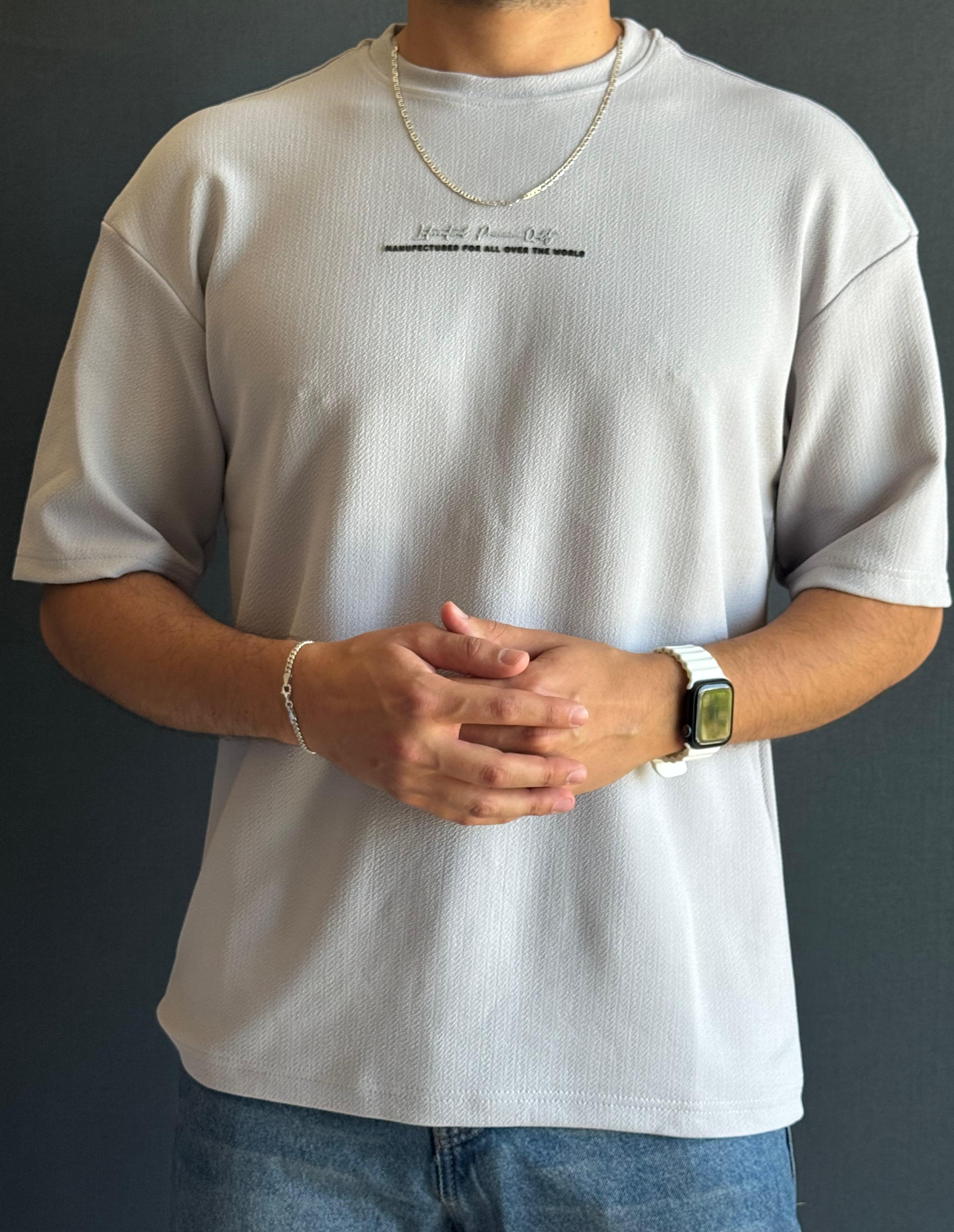 Bisiklet Yaka Oversize Kalıp Basic Jakar T-Shirt Gri