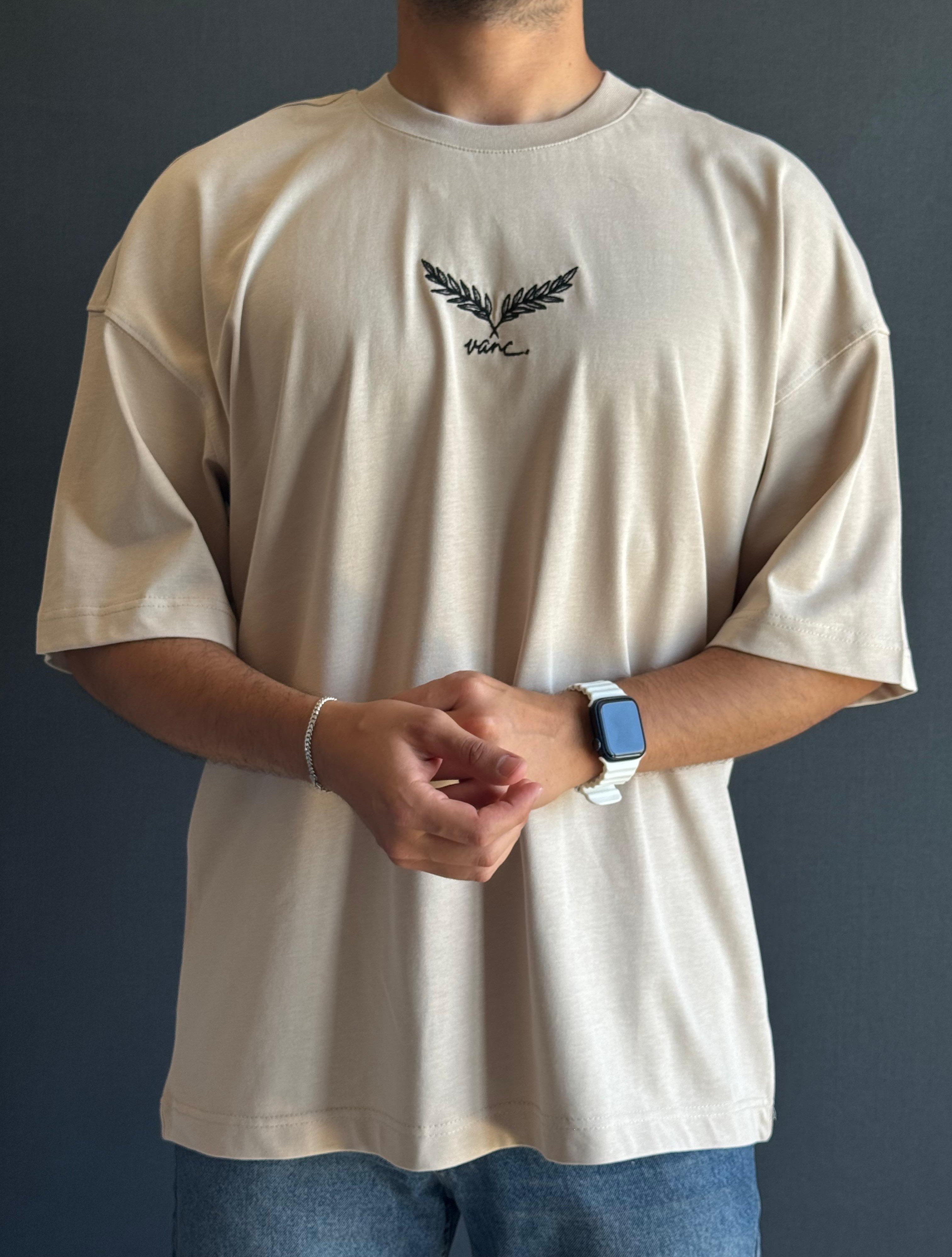 Premium Oversize Philosopher Detaylı T-Shirt Bej 