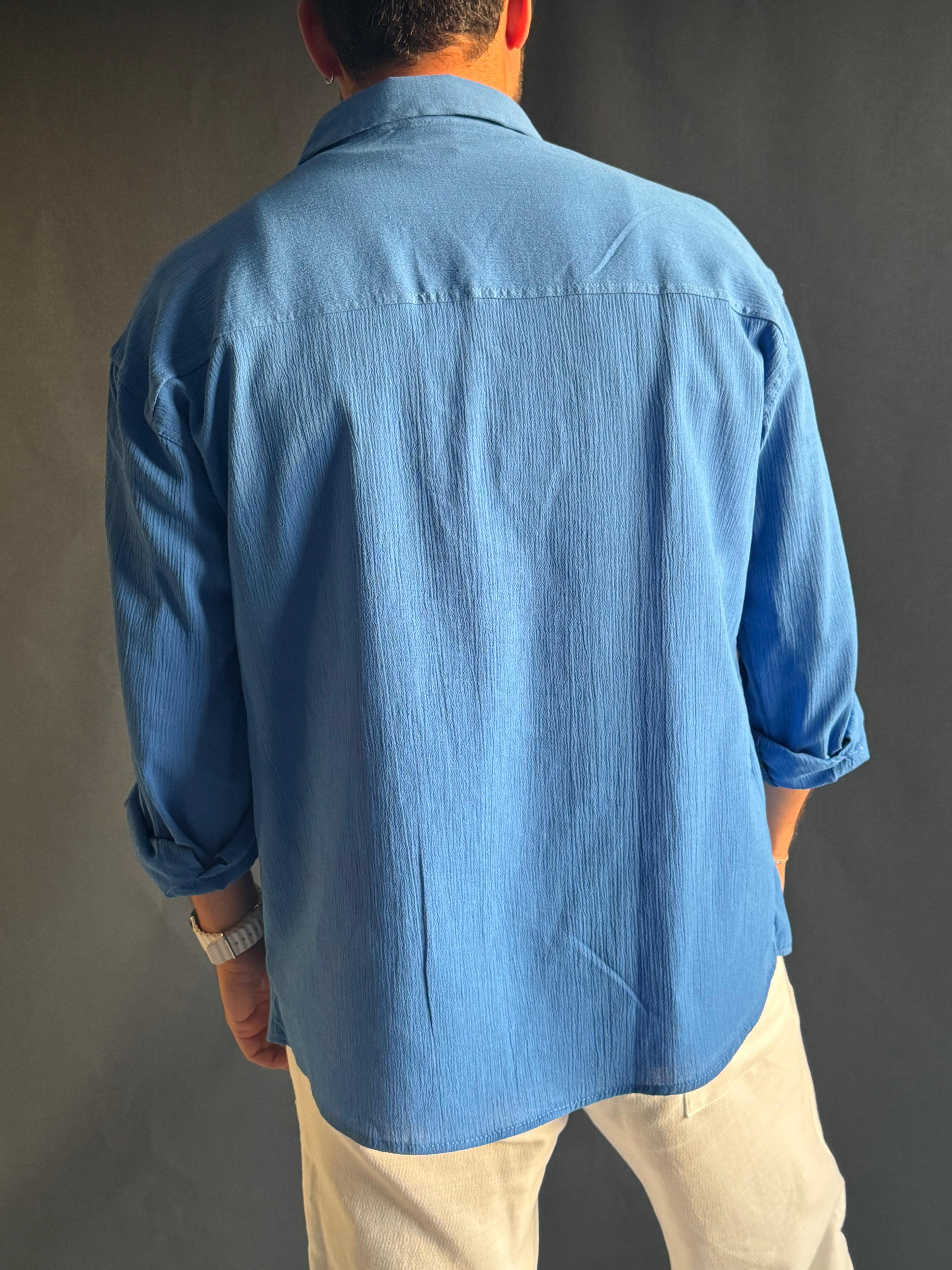 Premium Oversize Kalıp Krinkıl Gömlek Mavi