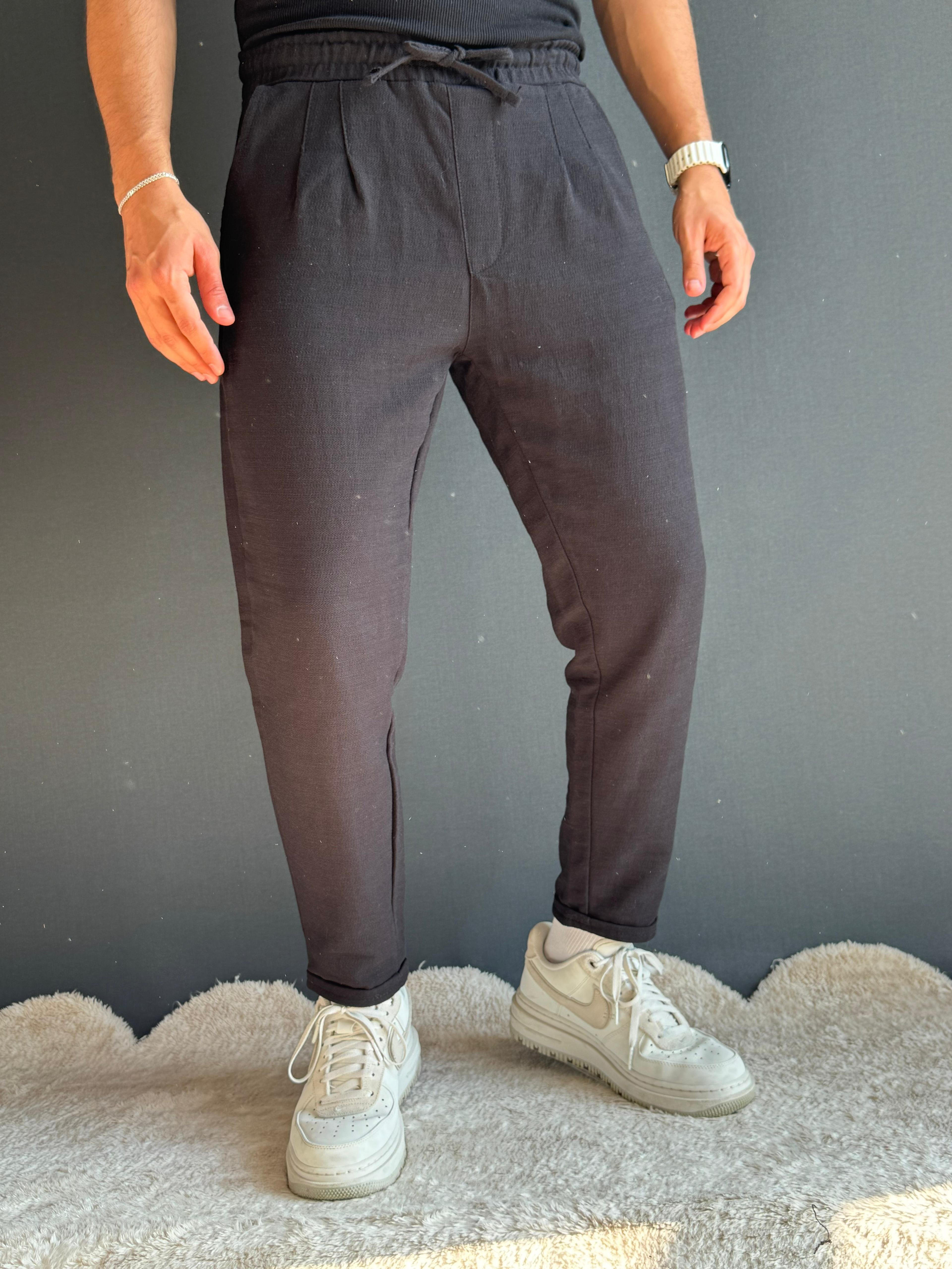Premium Duble Paça Boyfriend Kalıp Keten Pantolon Siyah