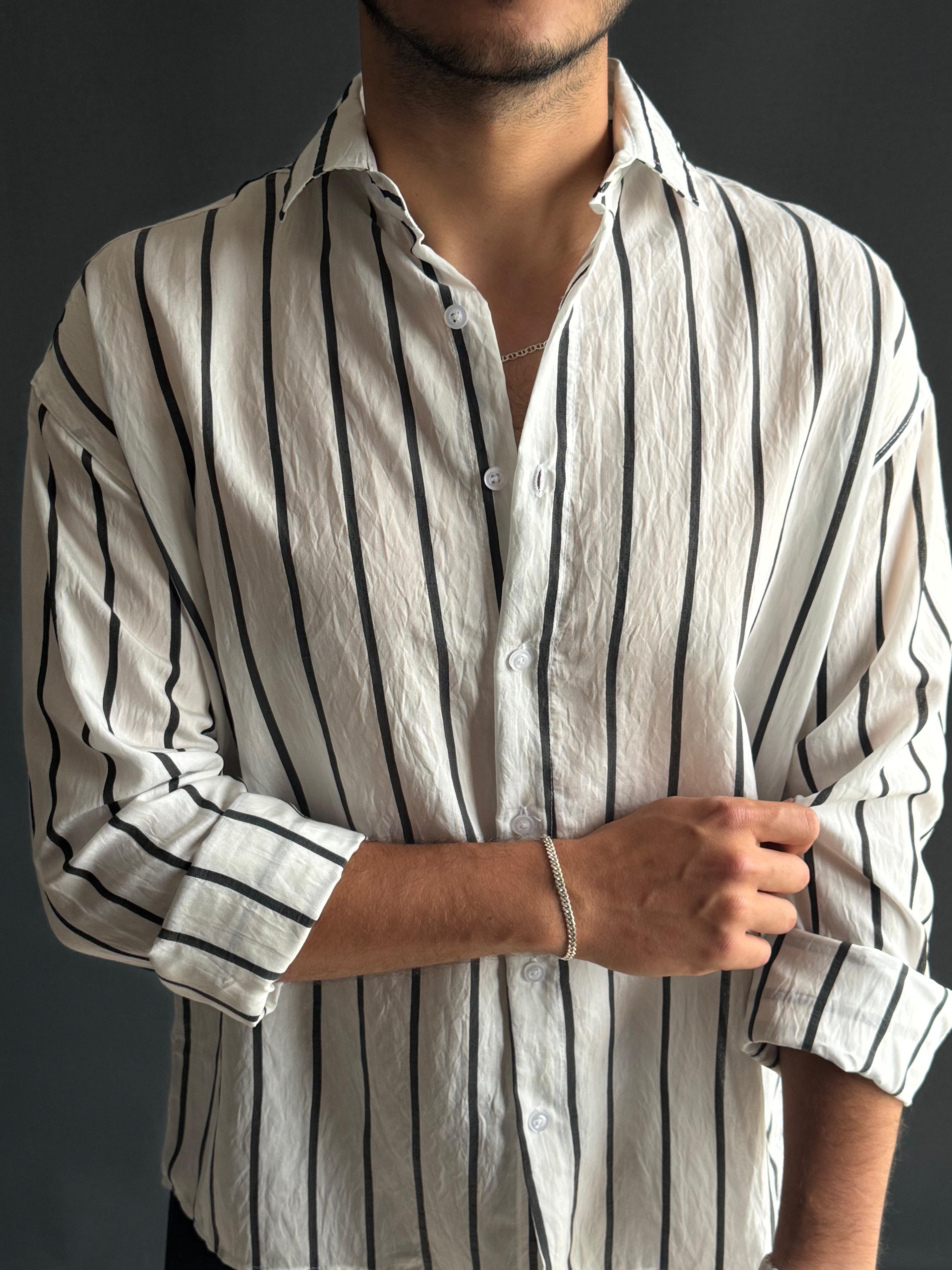Premium Modal Oversize Kalıp Çizgi Detaylı Gömlek Beyaz