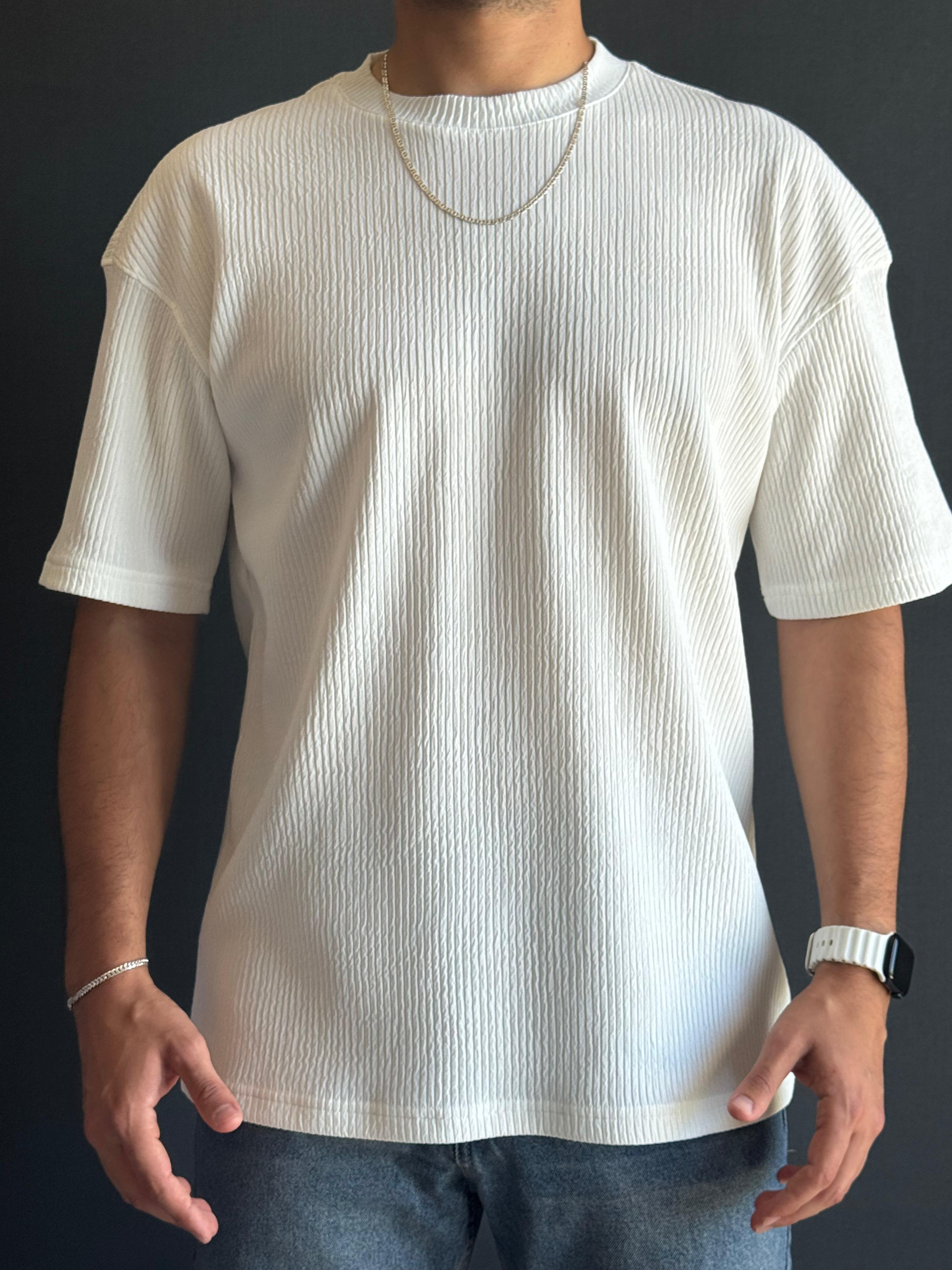 Bisiklet Yaka Oversize Kalıp Jakar T-Shirt Beyaz