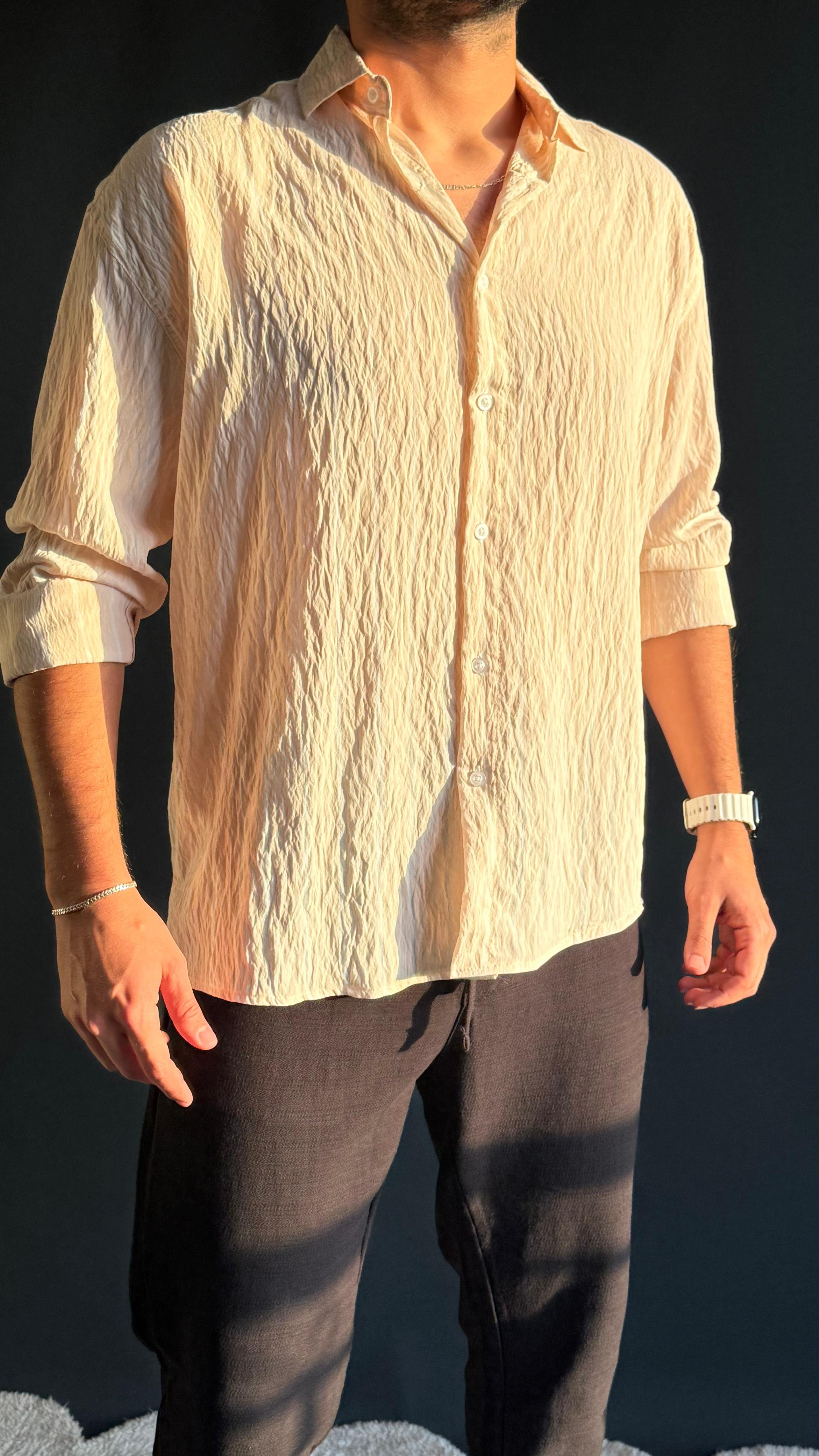 Premium Modal Oversize Kalıp Çizgi Detaylı Gömlek Krem