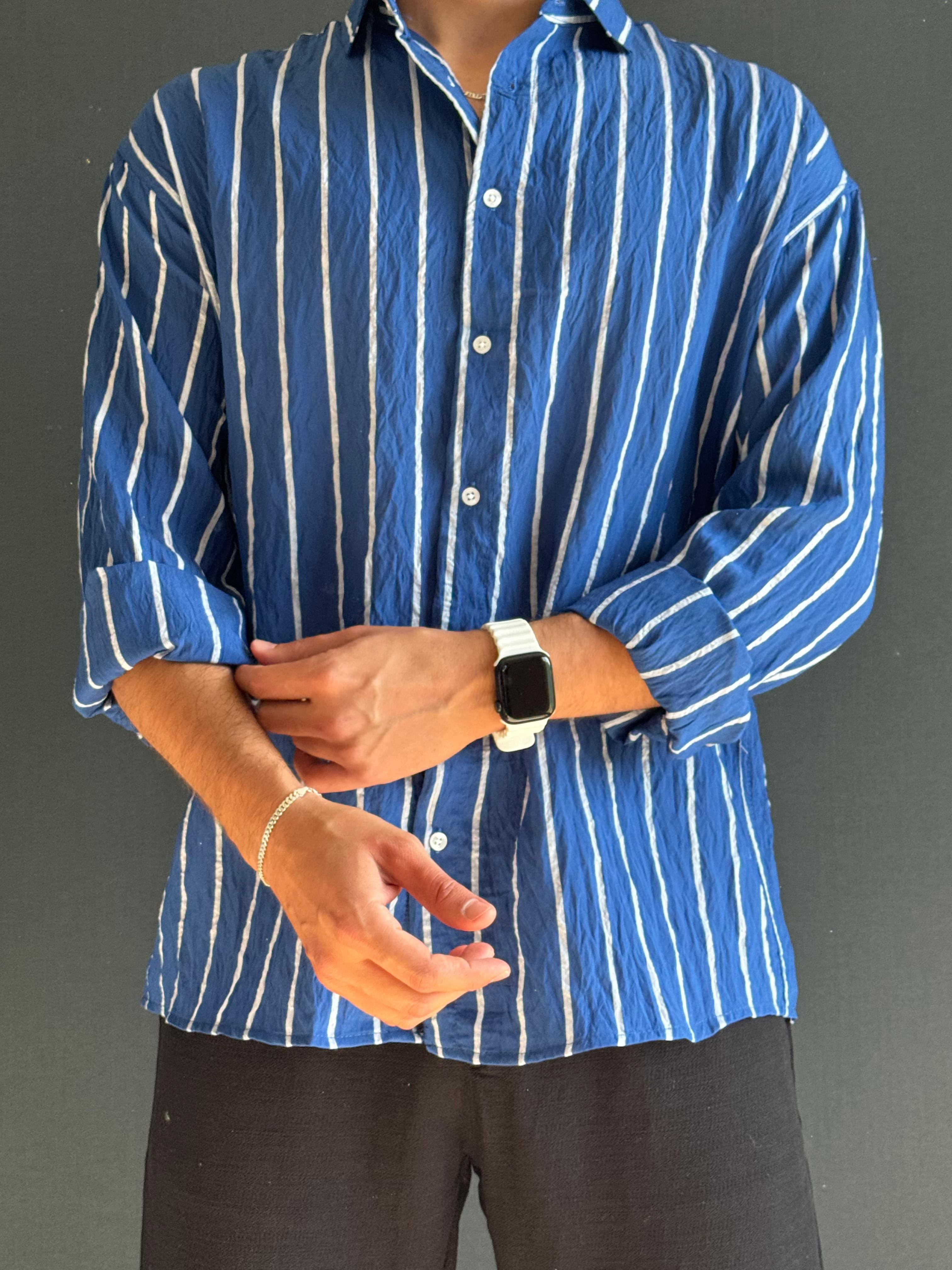 Premium Modal Oversize Kalıp Çizgi Detaylı Gömlek Lacivert