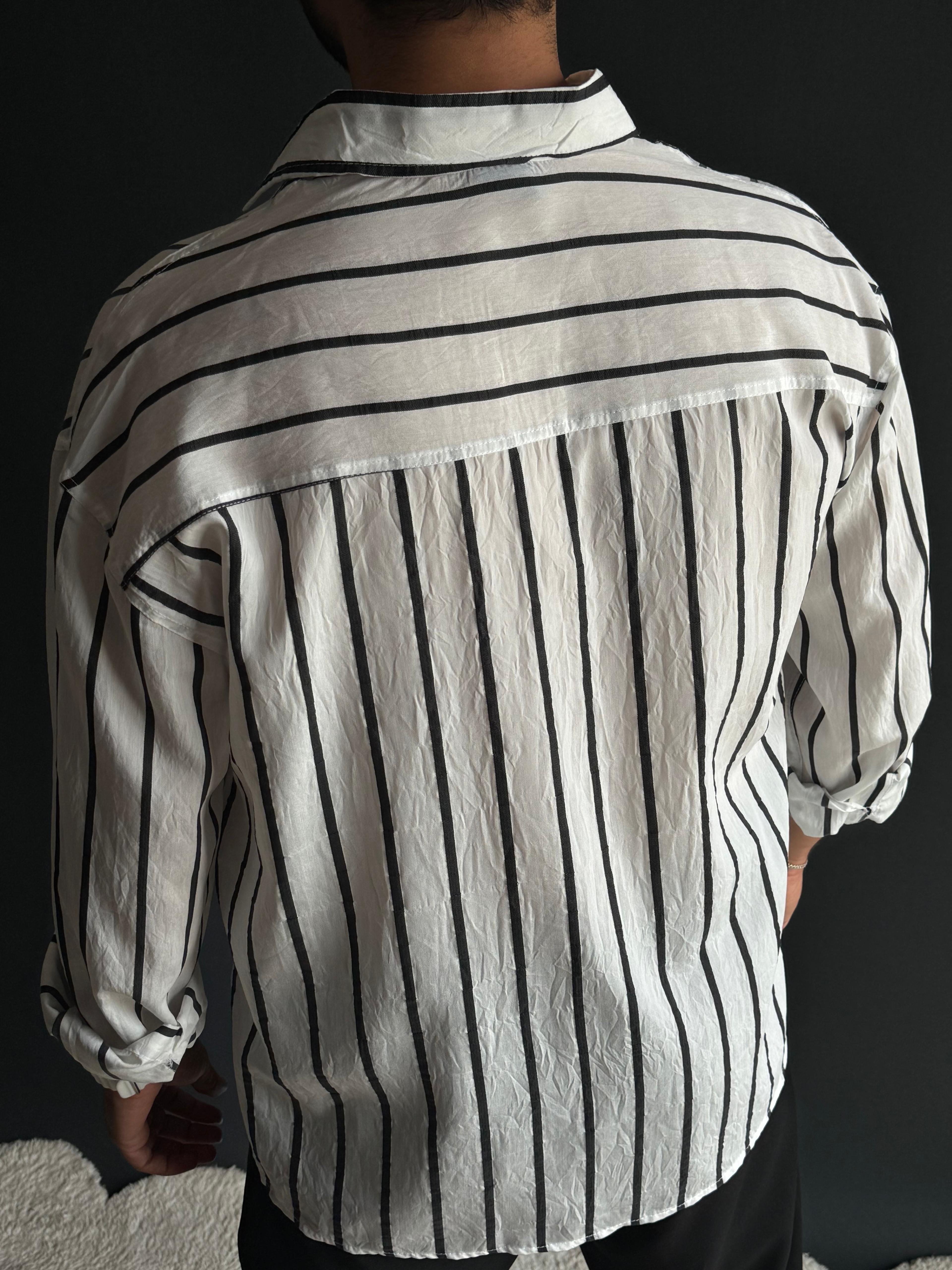 Premium Modal Oversize Kalıp Çizgi Detaylı Gömlek Beyaz