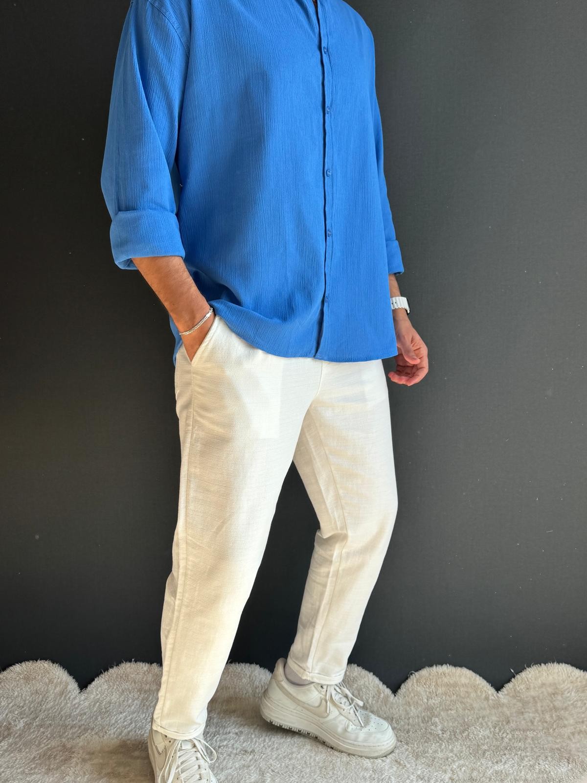 Premium Duble Paça Boyfriend Kalıp Keten Pantolon Beyaz