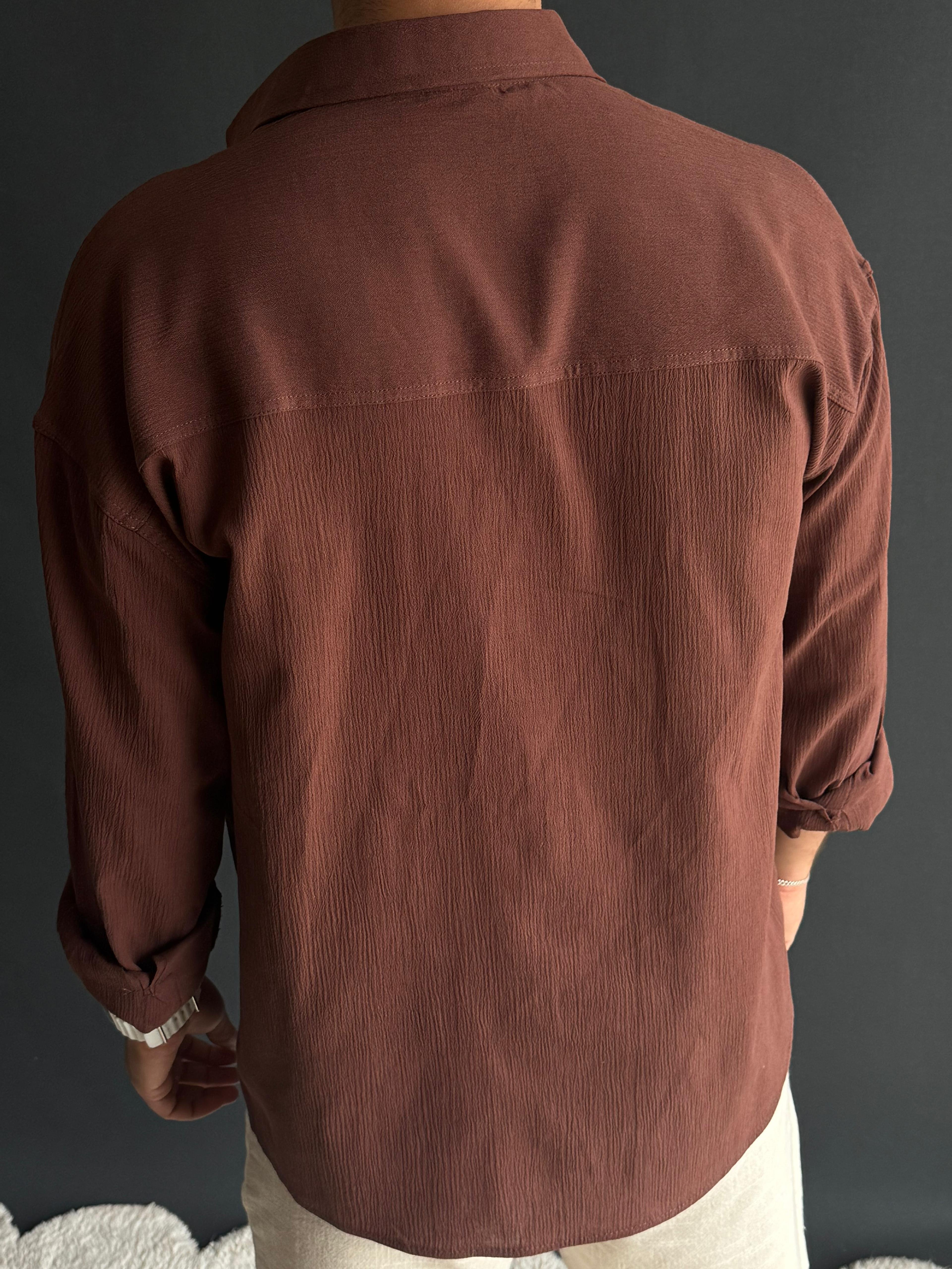 Premium Oversize Kalıp Krinkıl Gömlek Kahverengi