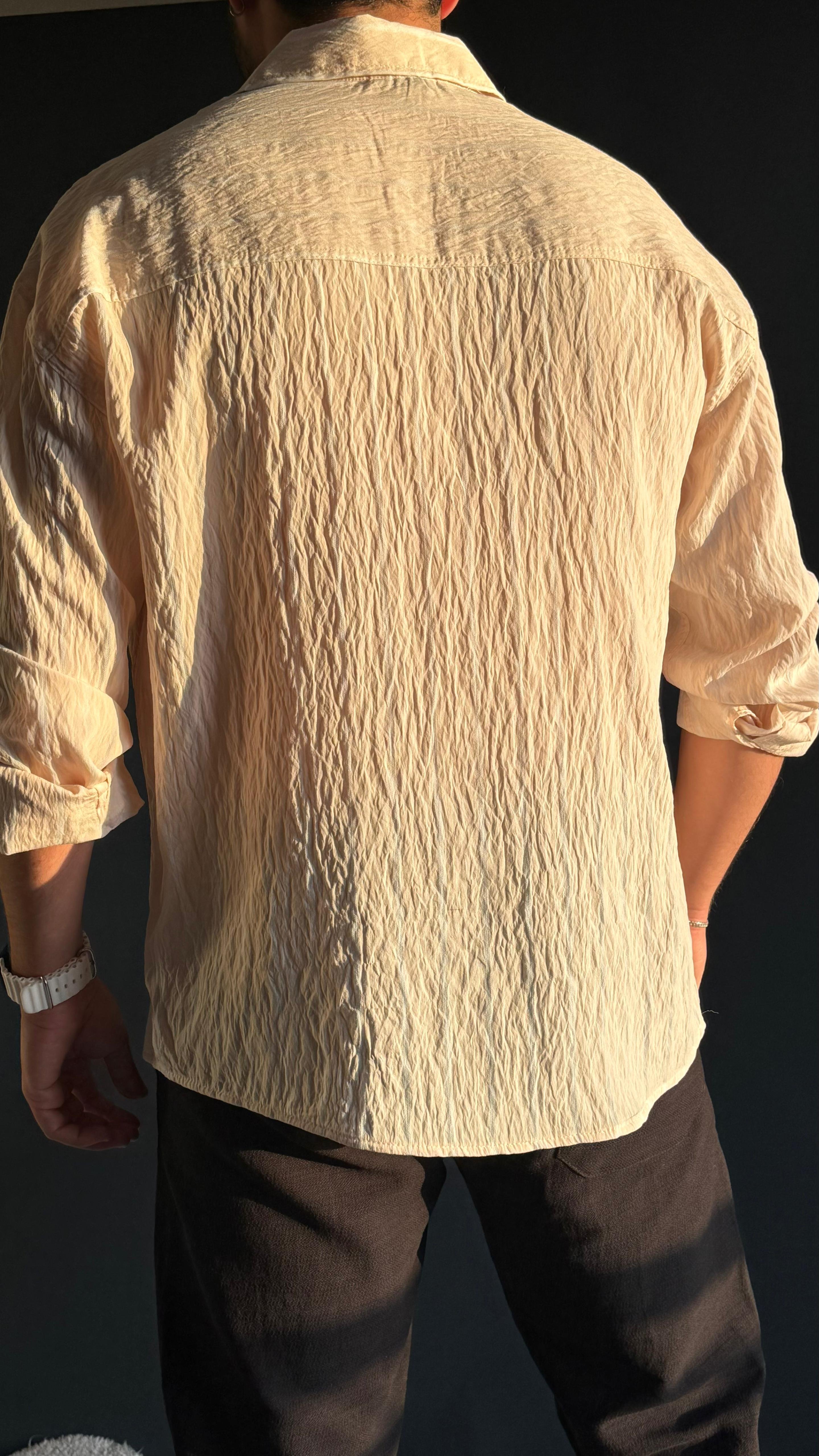 Premium Modal Oversize Kalıp Çizgi Detaylı Gömlek Krem