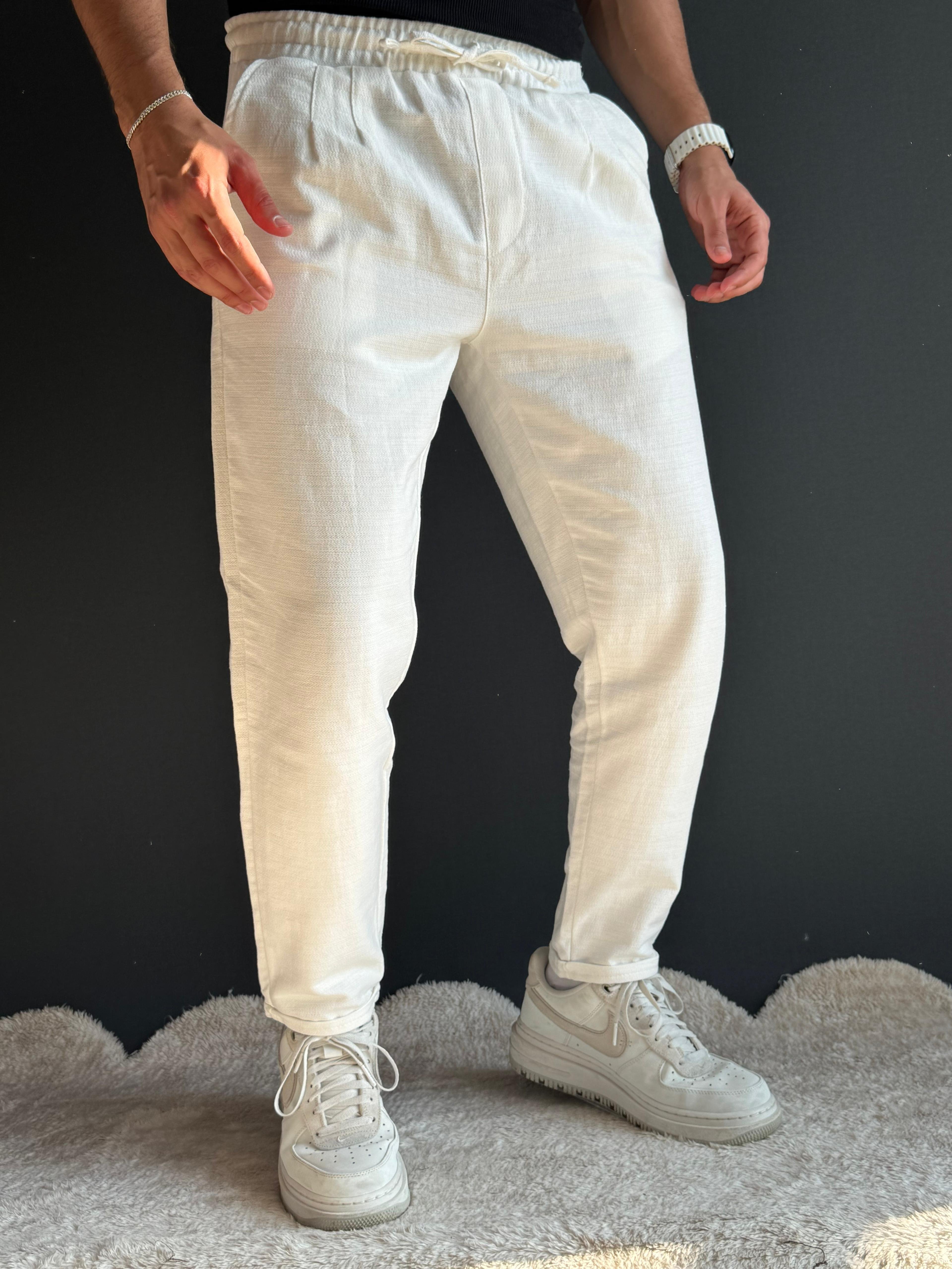 Premium Duble Paça Boyfriend Kalıp Keten Pantolon Beyaz