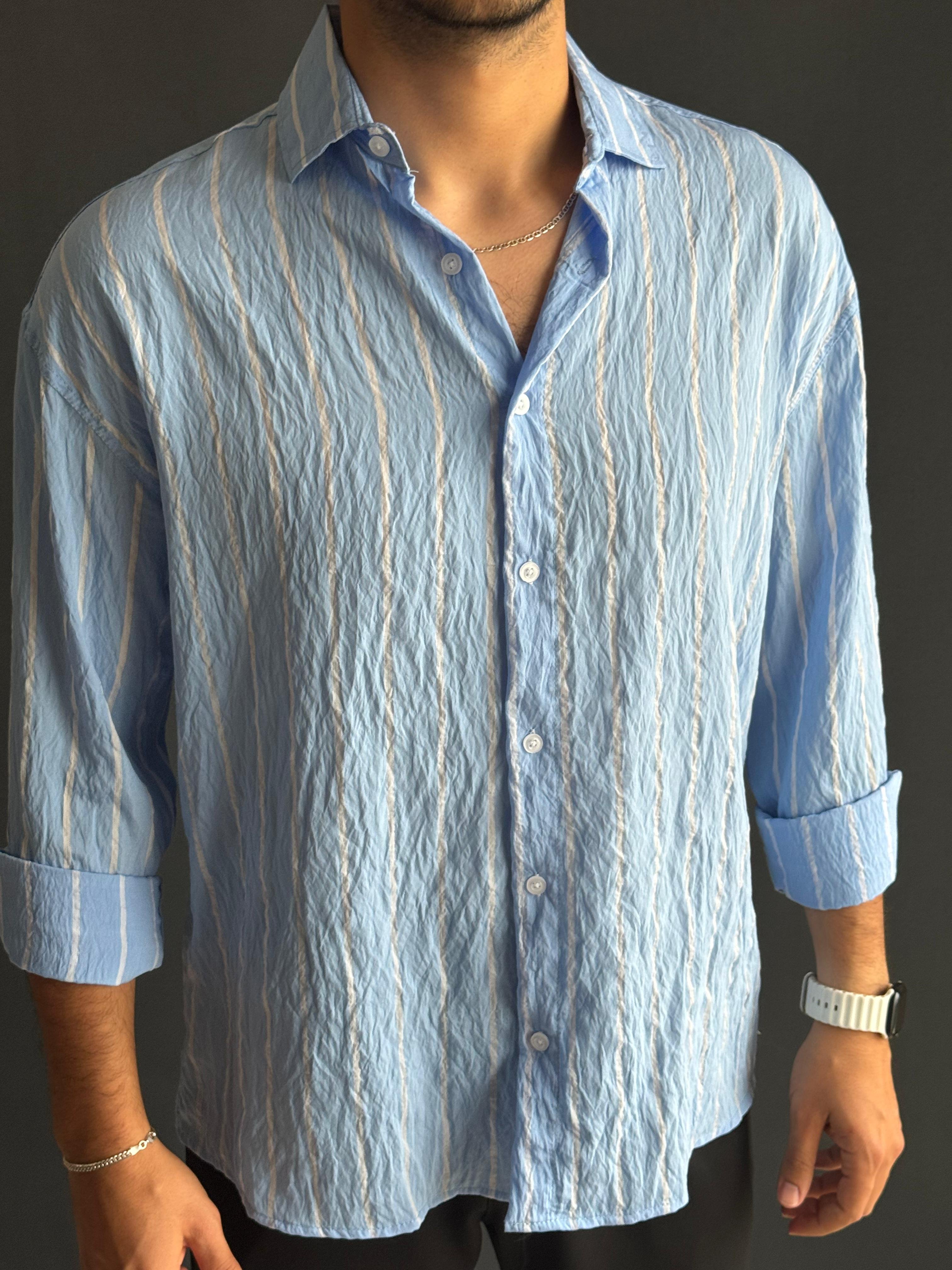 Premium Modal Oversize Kalıp Çizgi Detaylı Gömlek Mavi