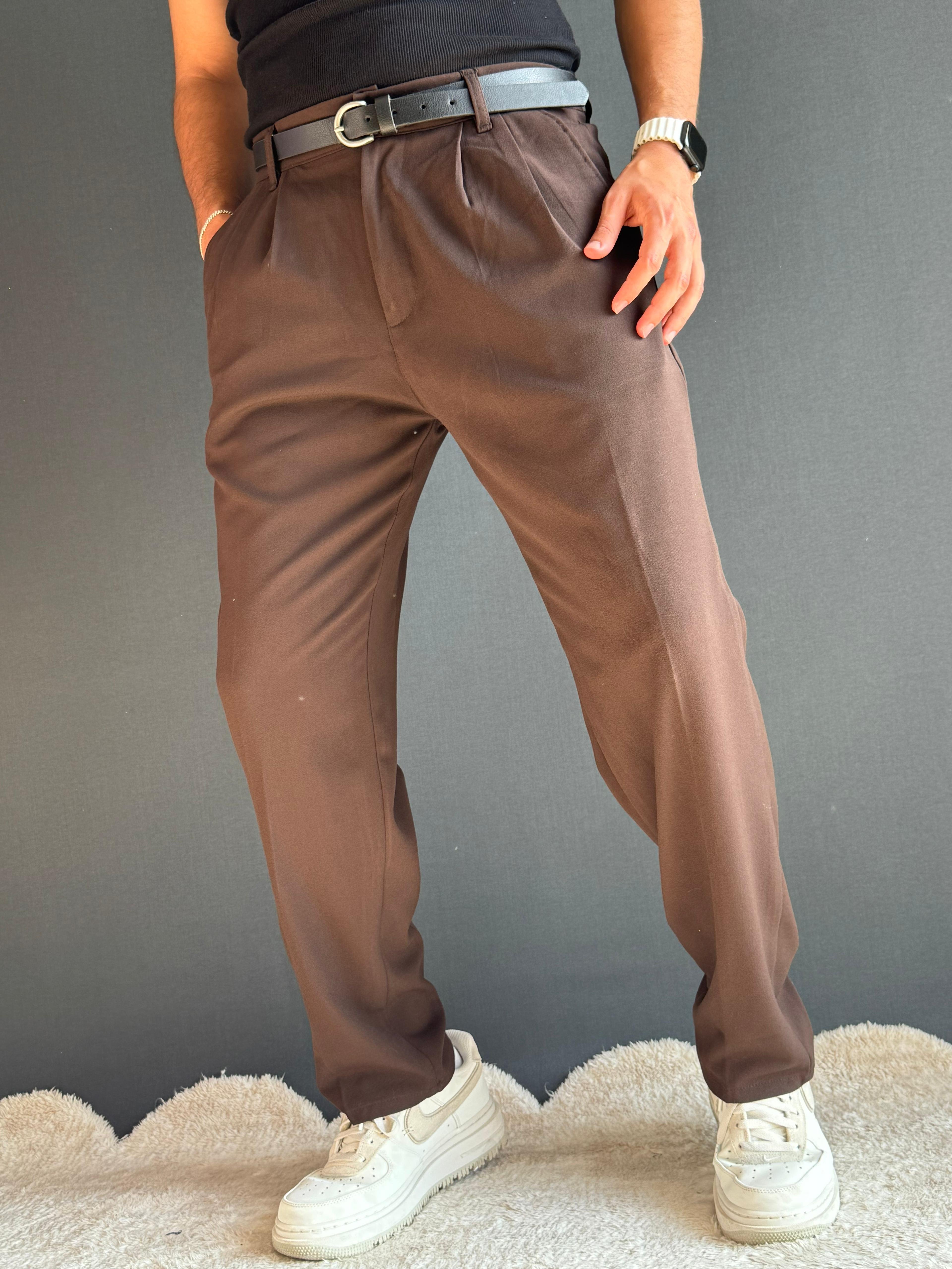 Yüksek Kaliteli Kumaş Pantolon Baggy Kalıp Kahverengi