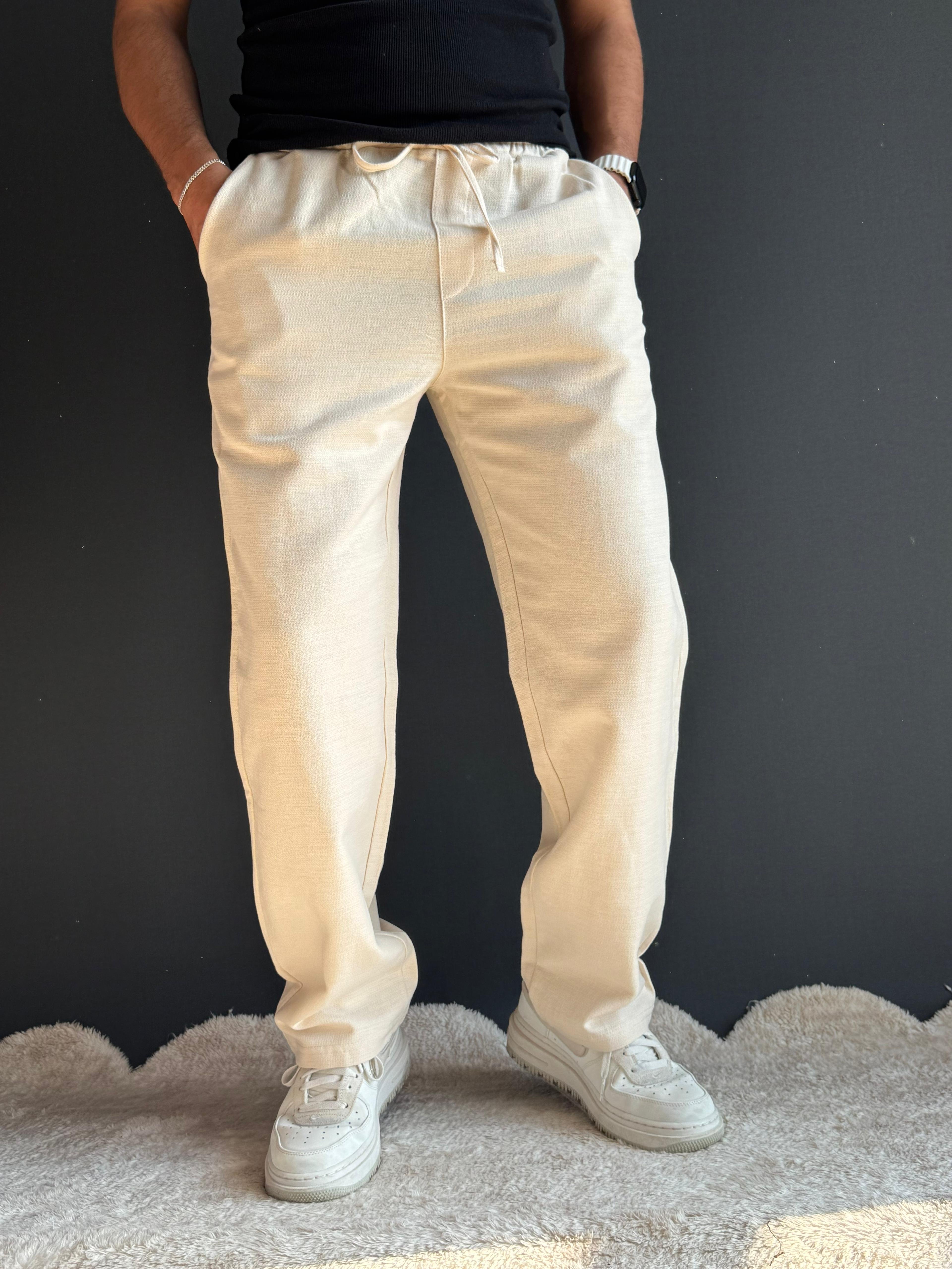 Premium Baggy Kalıp Düz Paça Keten Pantolon Krem