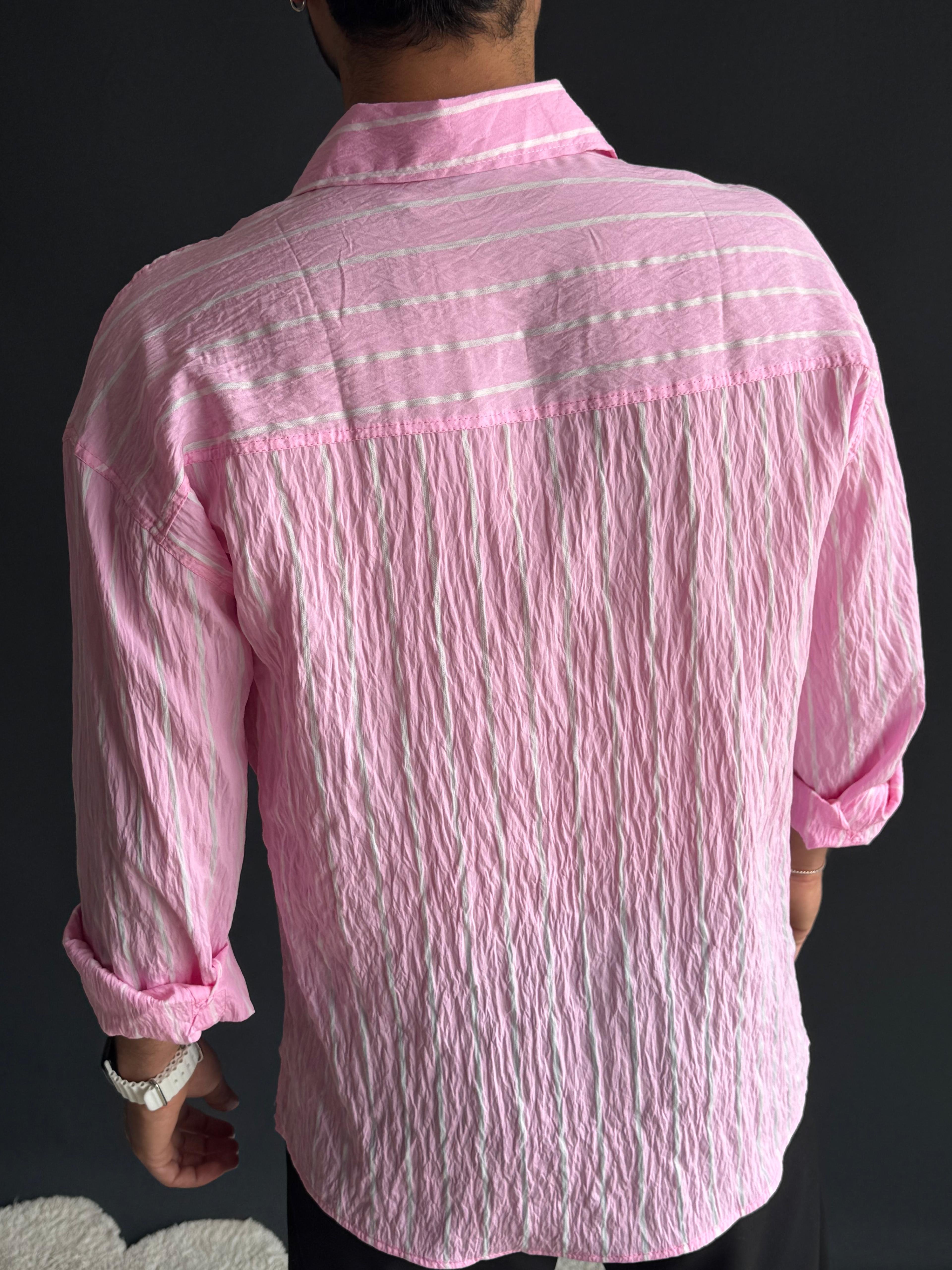 Premium Modal Oversize Kalıp Çizgi Detaylı Gömlek Pembe