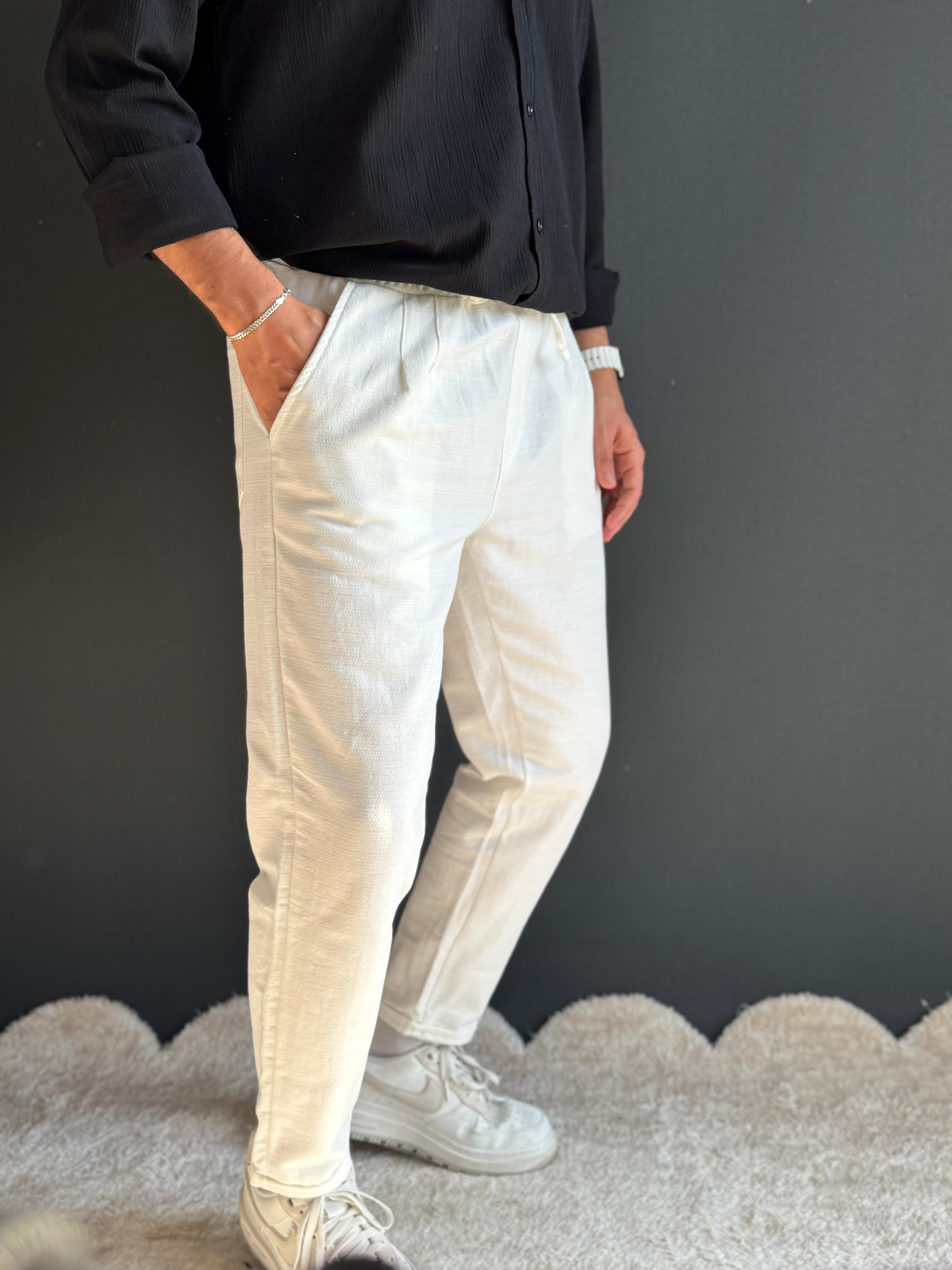Premium Duble Paça Boyfriend Kalıp Keten Pantolon Beyaz
