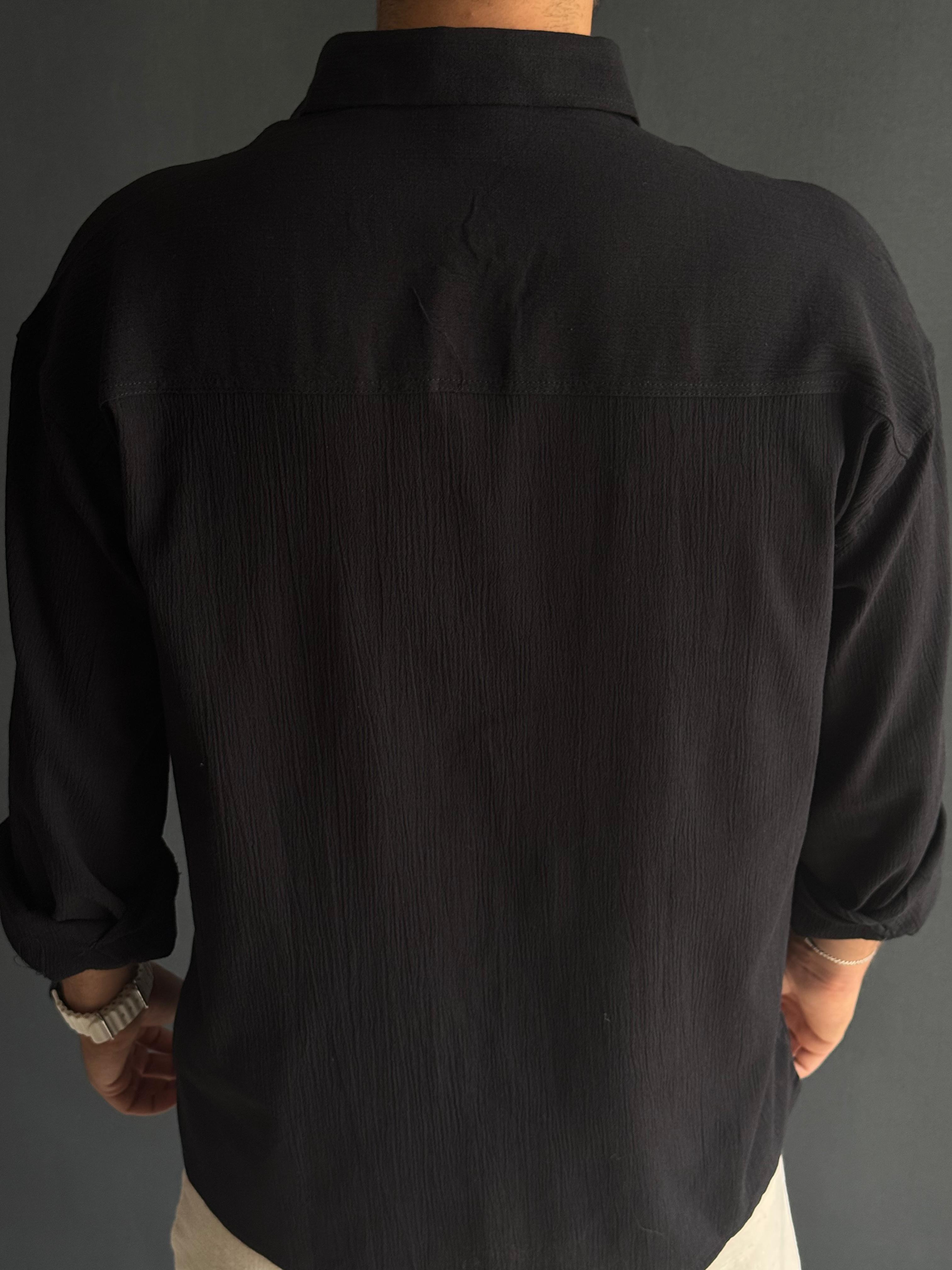 Premium Oversize Kalıp Krinkıl Gömlek Siyah