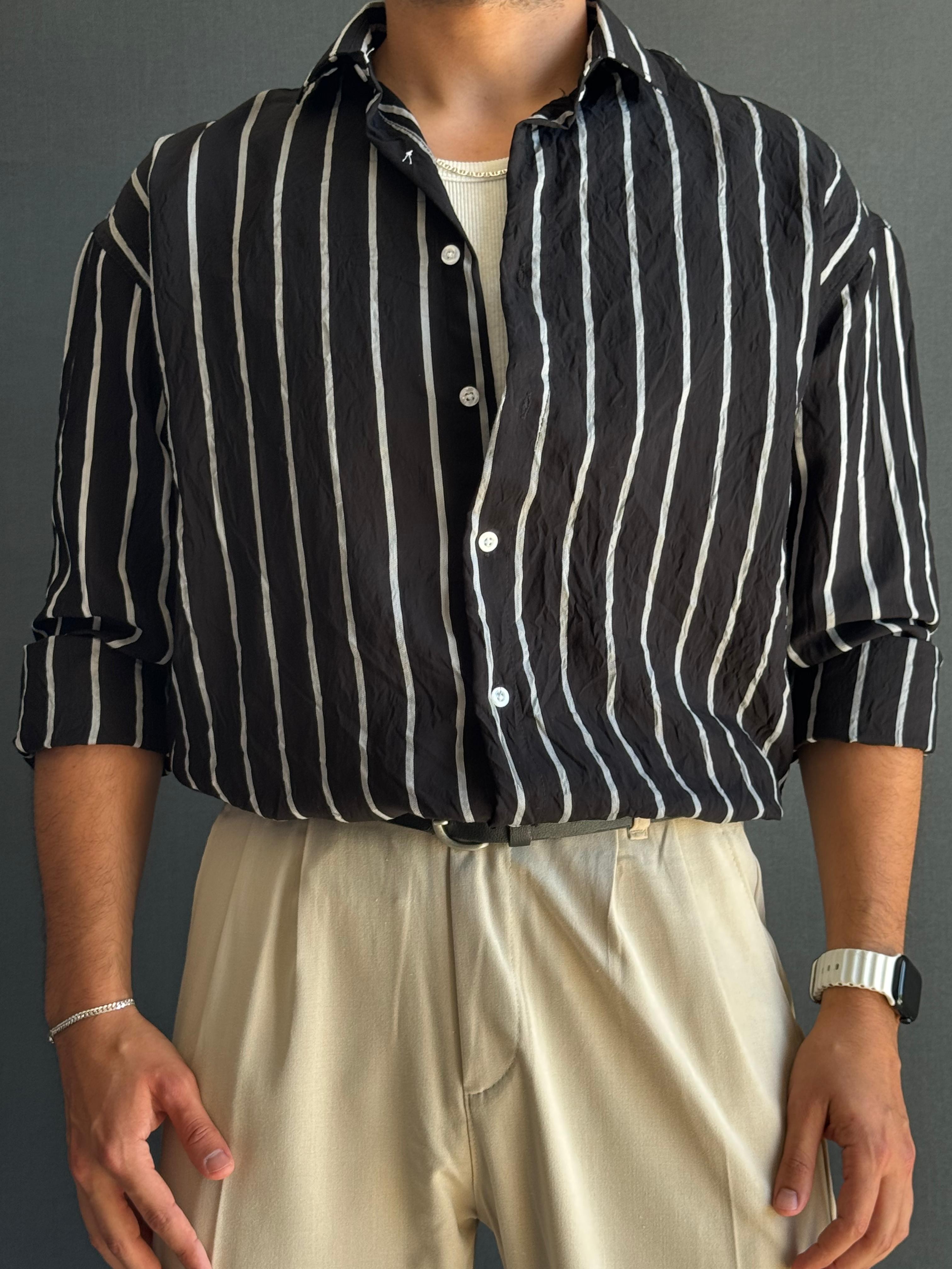 Premium Modal Oversize Kalıp Çizgi Detaylı Gömlek Siyah