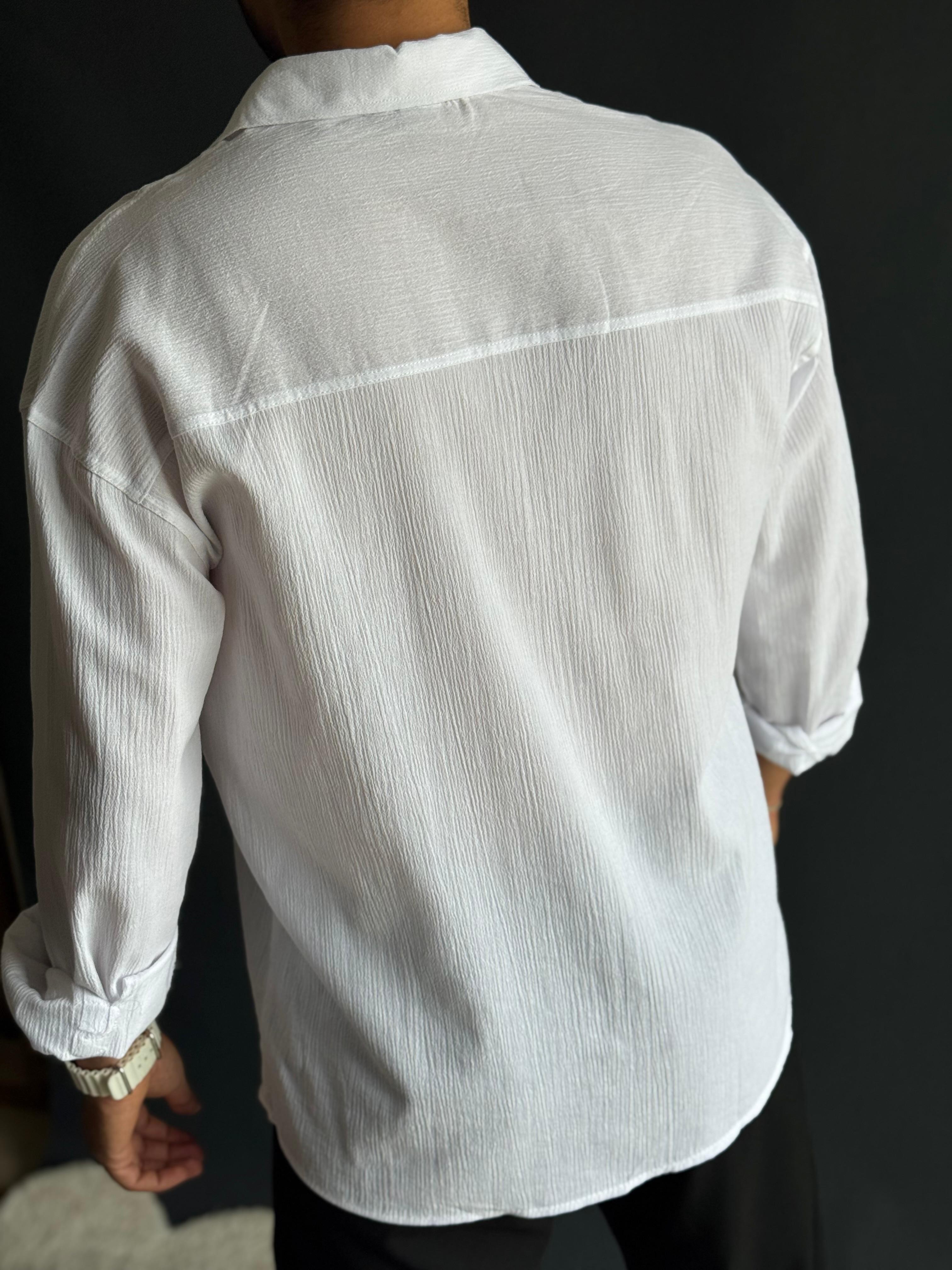 Premium Oversize Kalıp Krinkıl Gömlek Beyaz