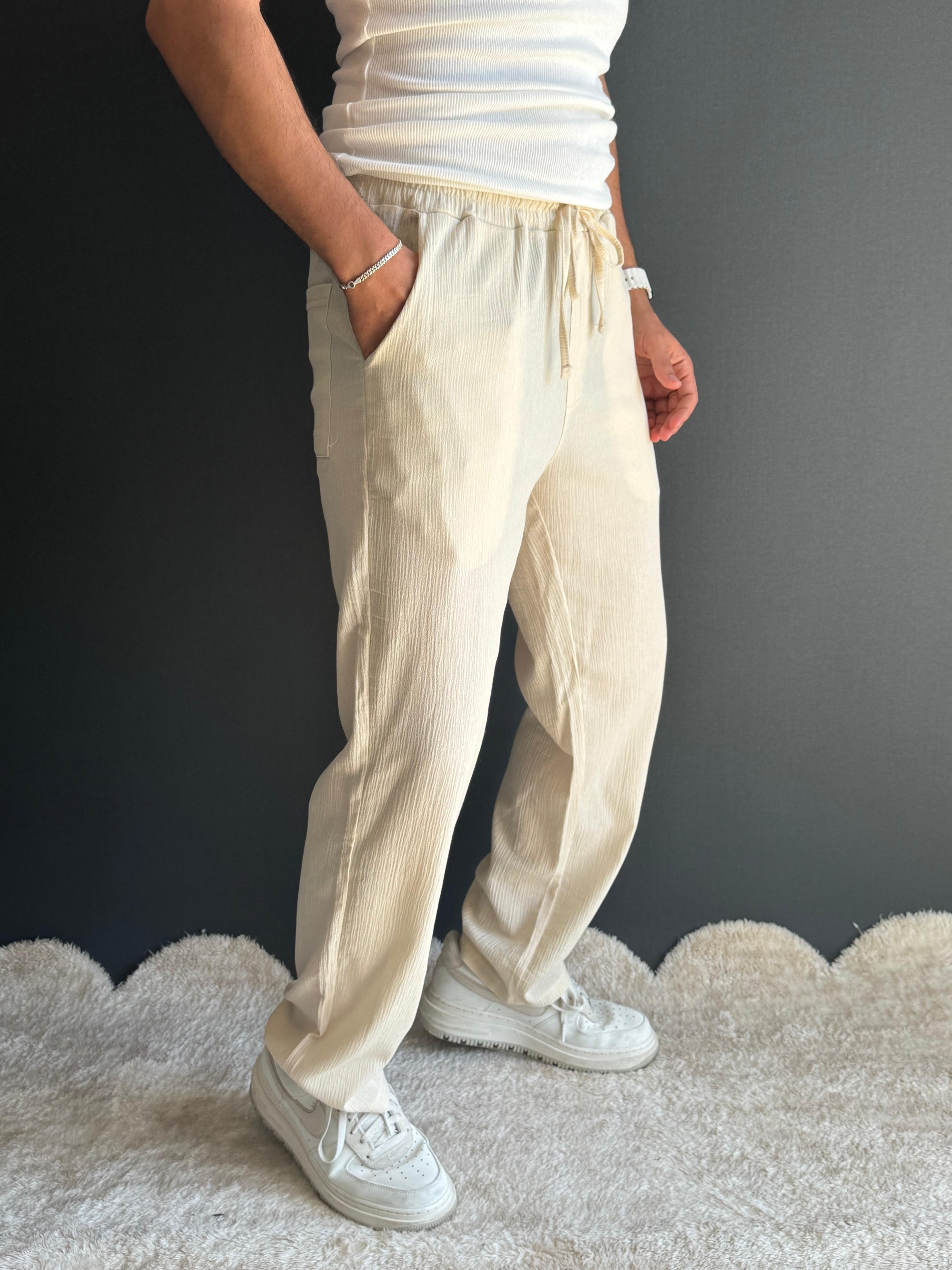 Premium Gofre Kumaş Baggy Kalıp Pantolon Krem