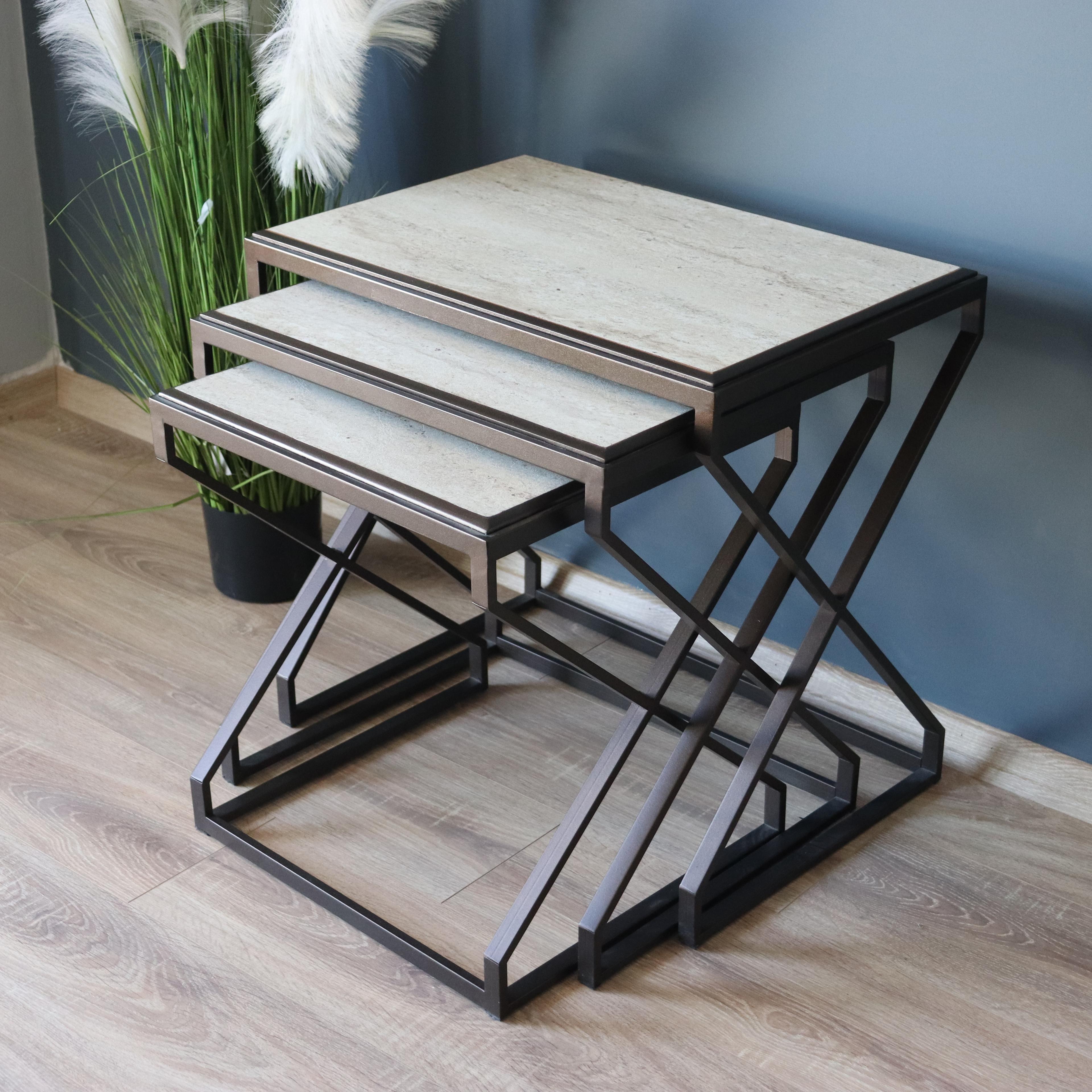 Steel Line Travertine Nesting Table