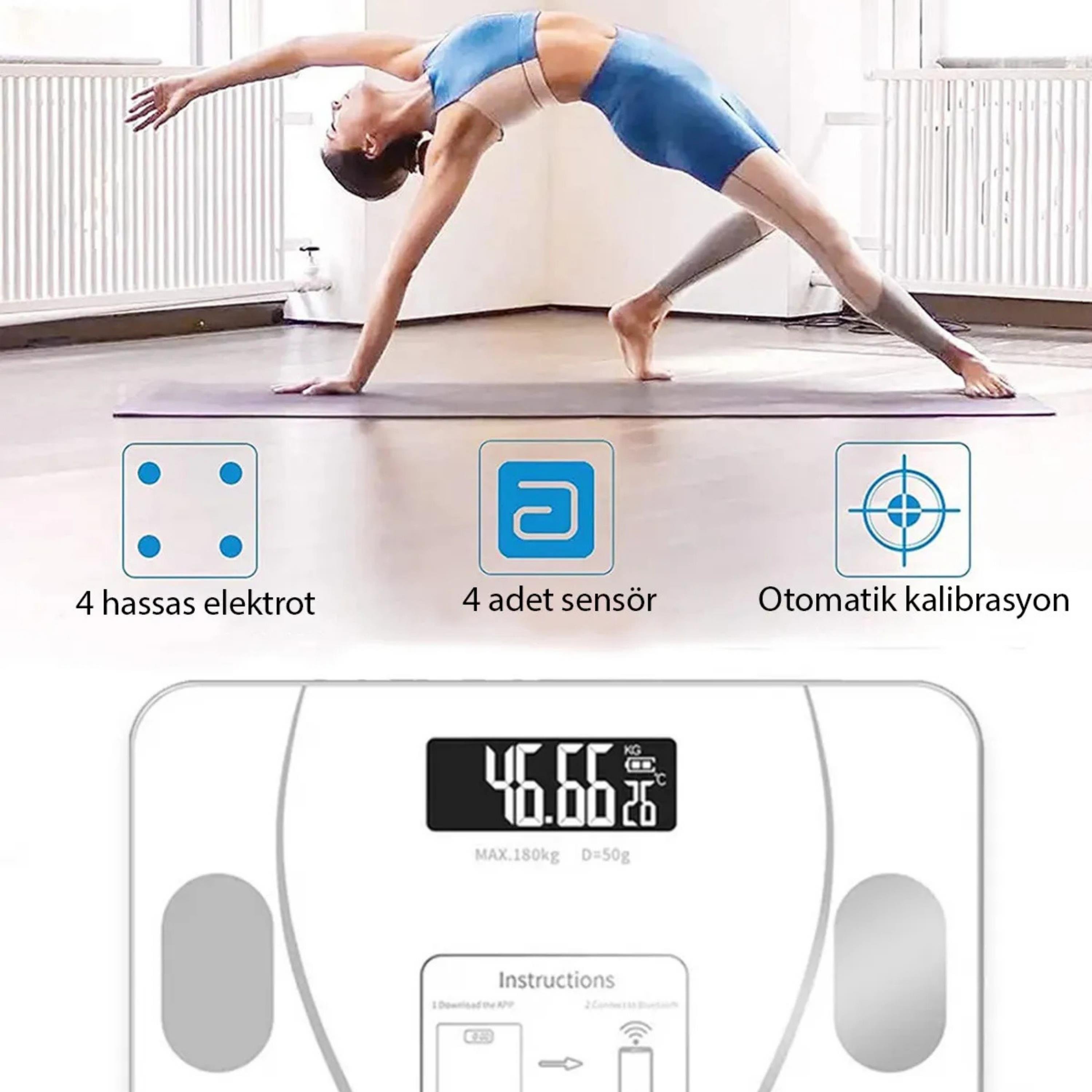Beyaz TF-1072 Dijital Baskül Tartı Bluetoothlu Kilo Yağ Su Ölçüm Cihazı Akıllı Terazi