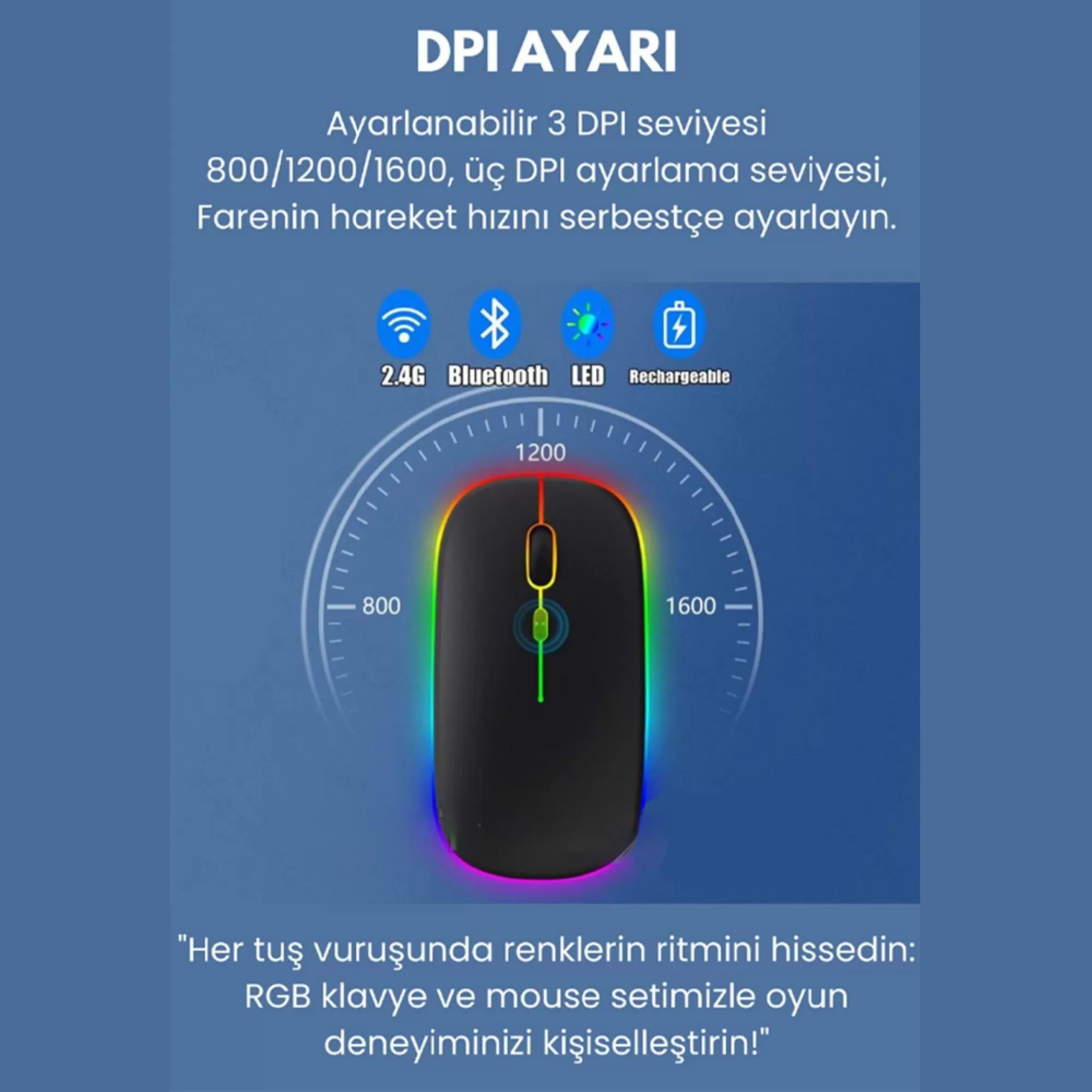 PG-8033 RGB aydınlatmalı Bt Kablosuz Klavye Mause Seti Mini
