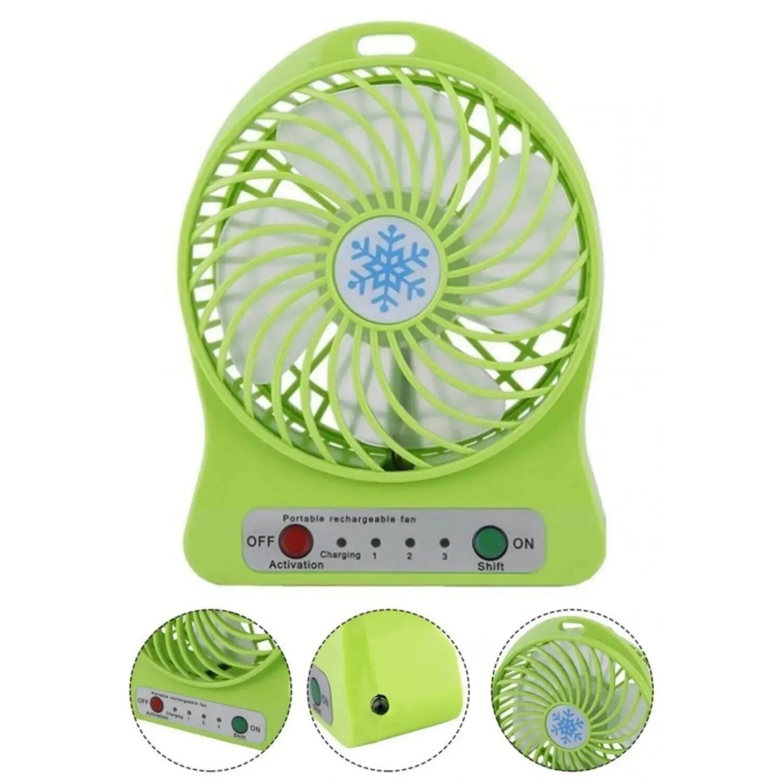 Yeşil USB Şarjlı Taşınabilir Mini Masaüstü Fan 3 Kademeli 4 Kanatlı Fenerli Vantilatör