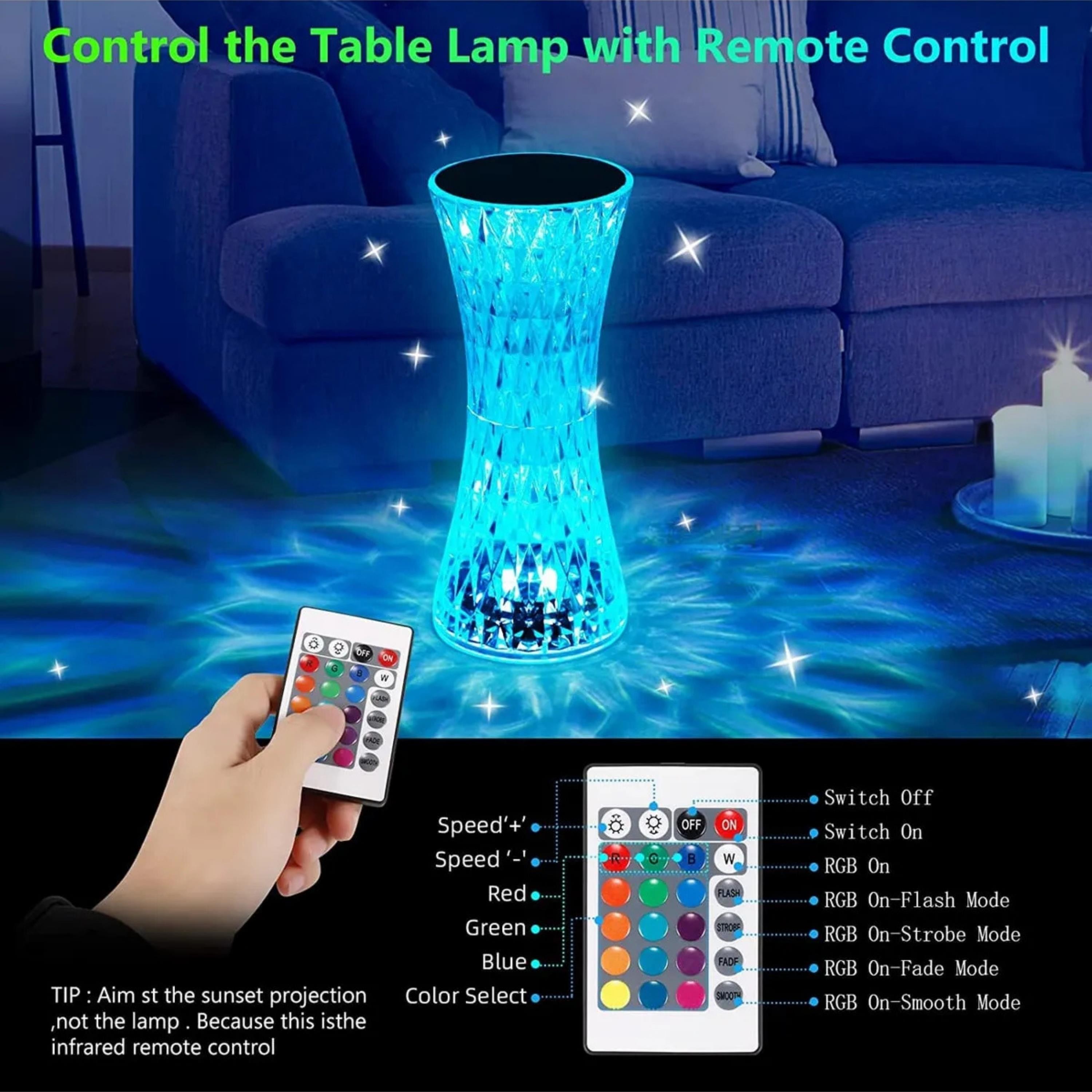Kristal Dekoratif Masa Lambası Rgb Renk Değiştiren Dokunmatik Kontrollü 16 Renkli 4 Modlu Gece Lambası