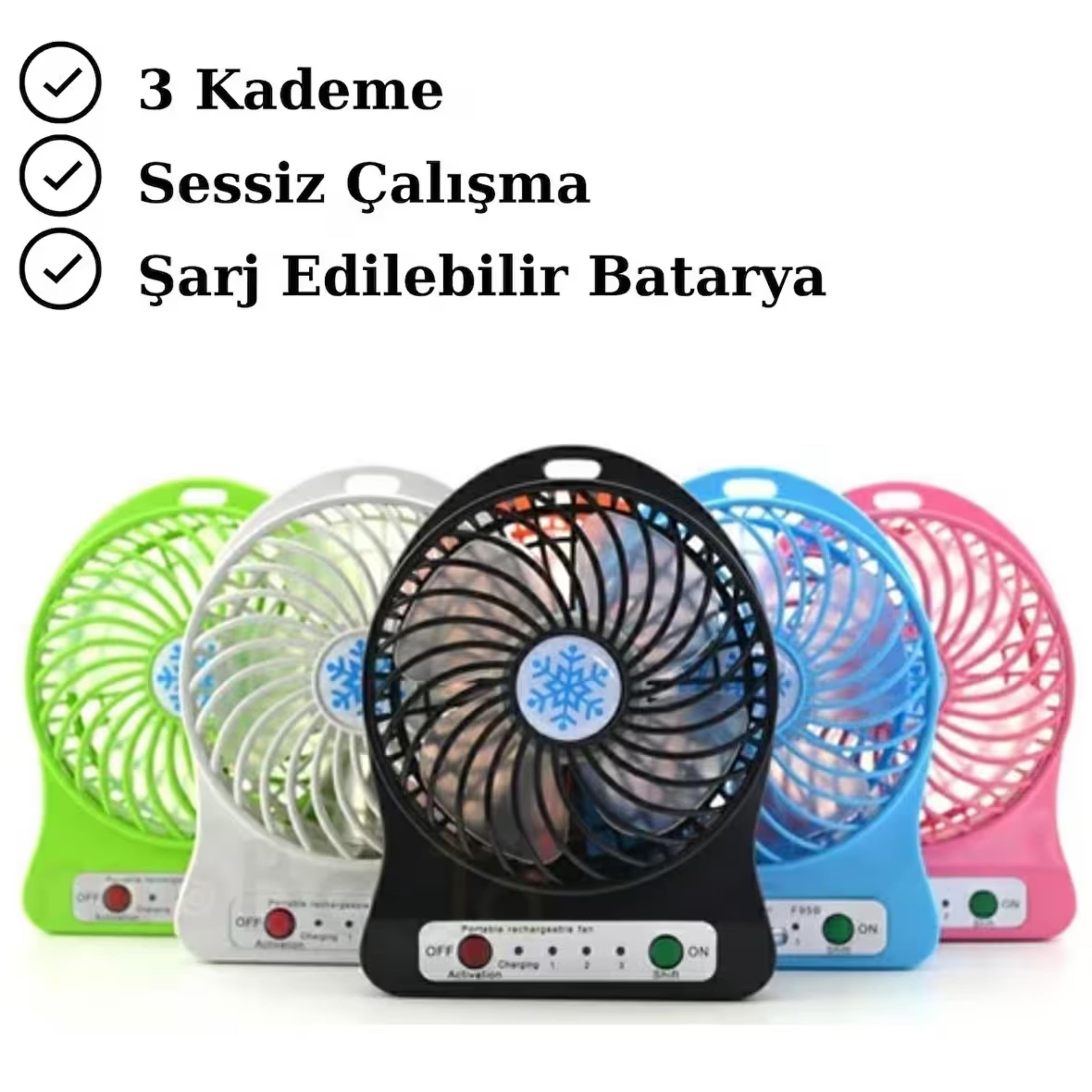 Siyah USB Şarjlı Taşınabilir Mini Masaüstü Fan 3 Kademeli 4 Kanatlı Fenerli Vantilatör