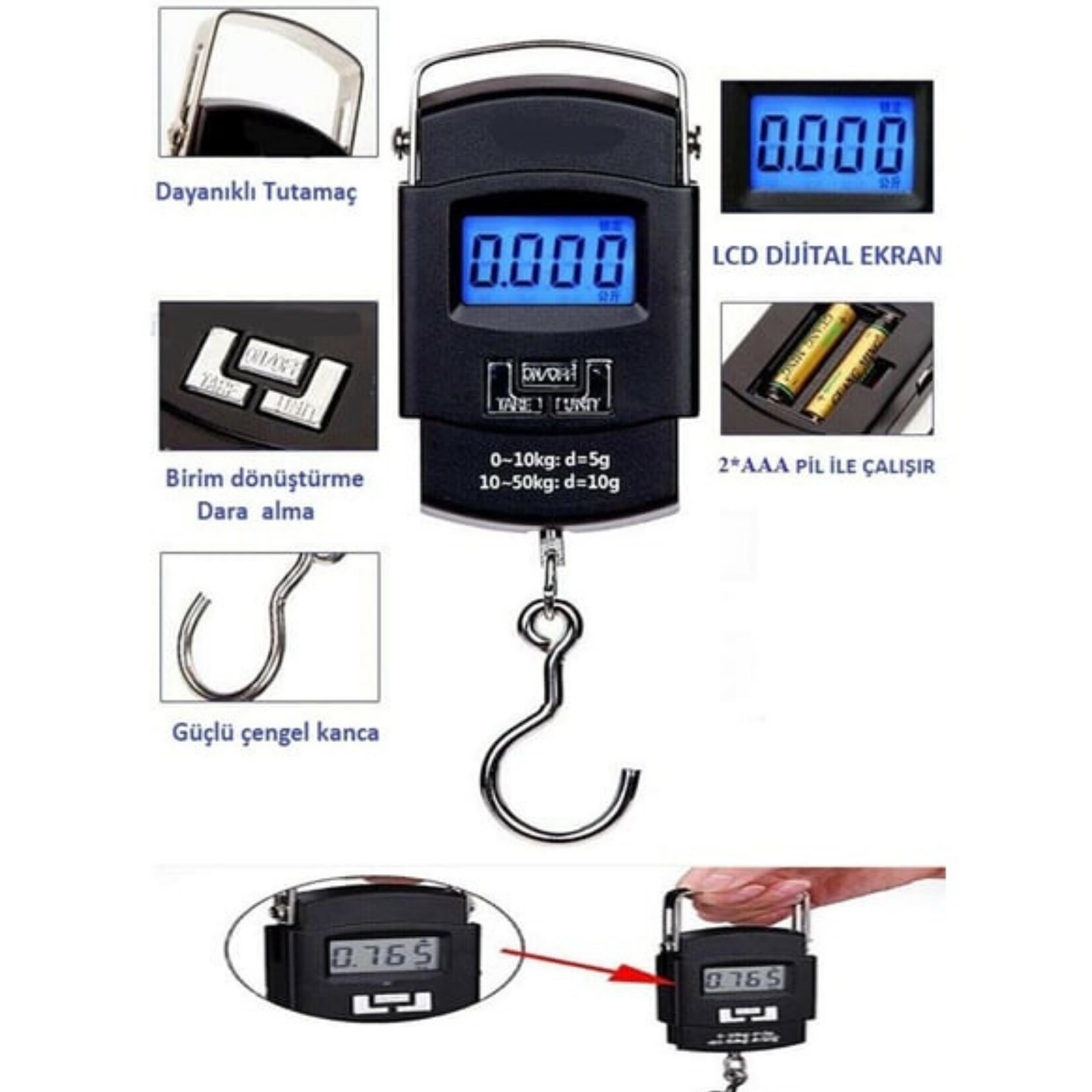 Taşınabilir Elektronik Dijital Göstergeli El Kantarı 50 Kg Terazi 10 Gr Hassas Tartı