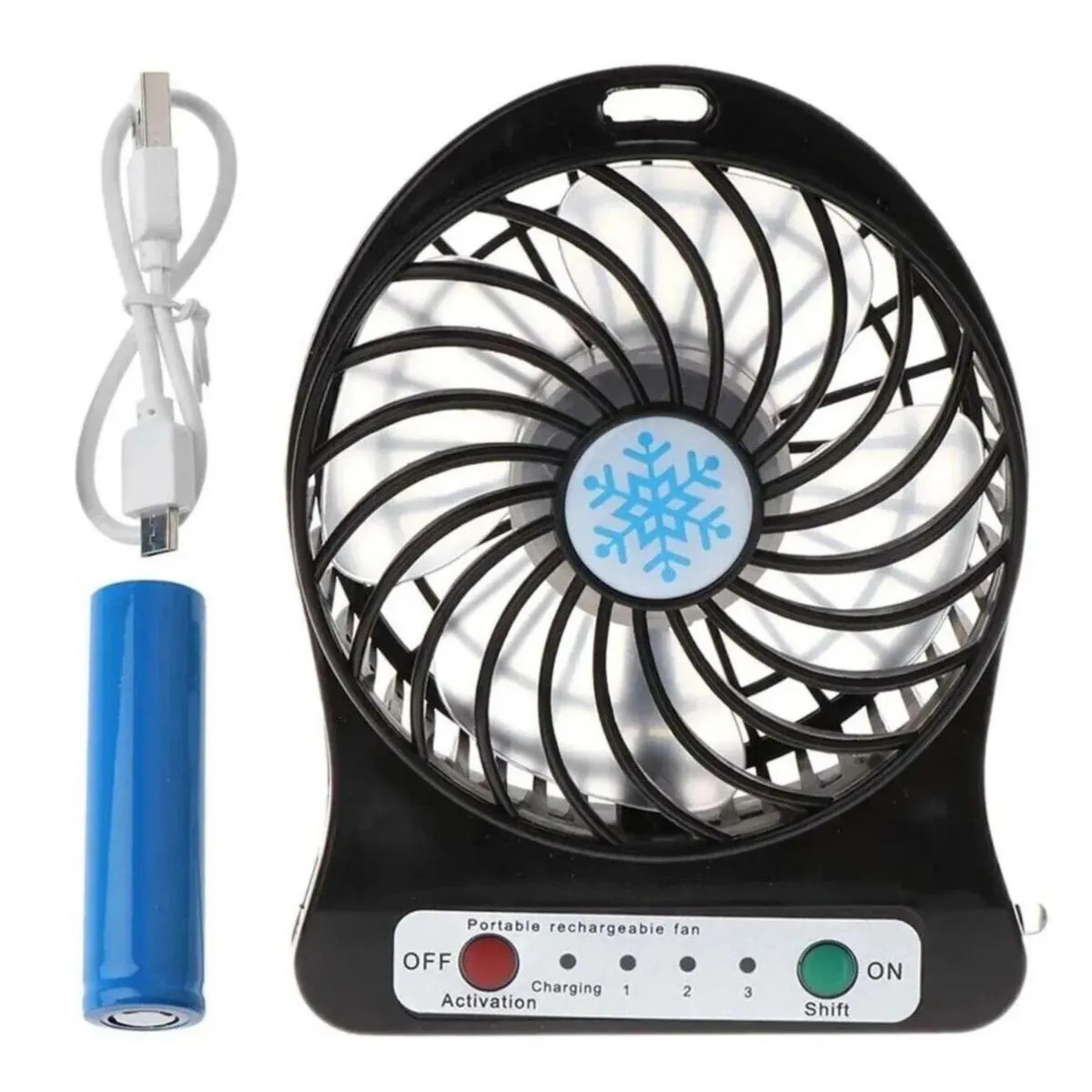 Siyah USB Şarjlı Taşınabilir Mini Masaüstü Fan 3 Kademeli 4 Kanatlı Fenerli Vantilatör