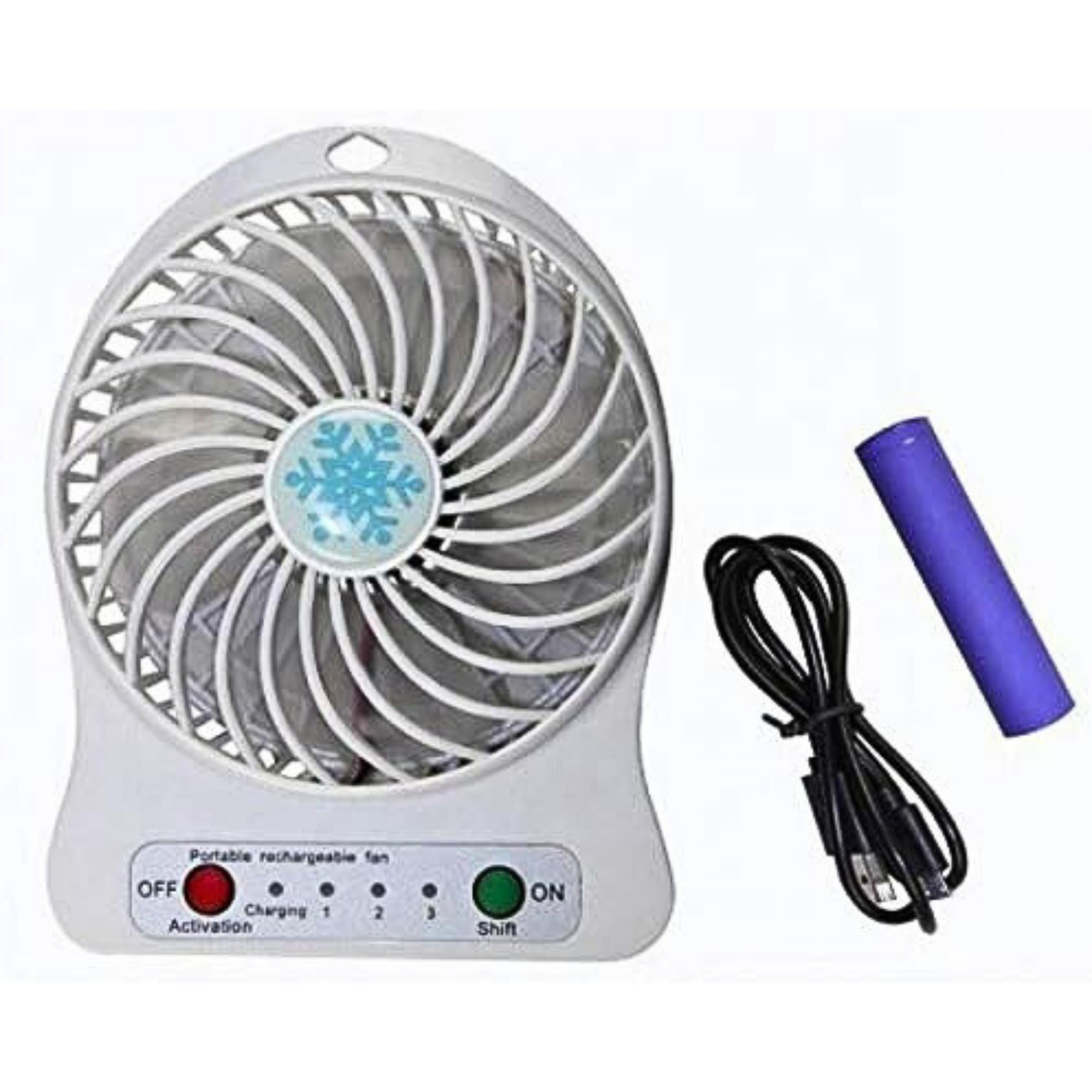 Beyaz USB Şarjlı Taşınabilir Mini Masaüstü Fan 3 Kademeli 4 Kanatlı Fenerli Vantilatör