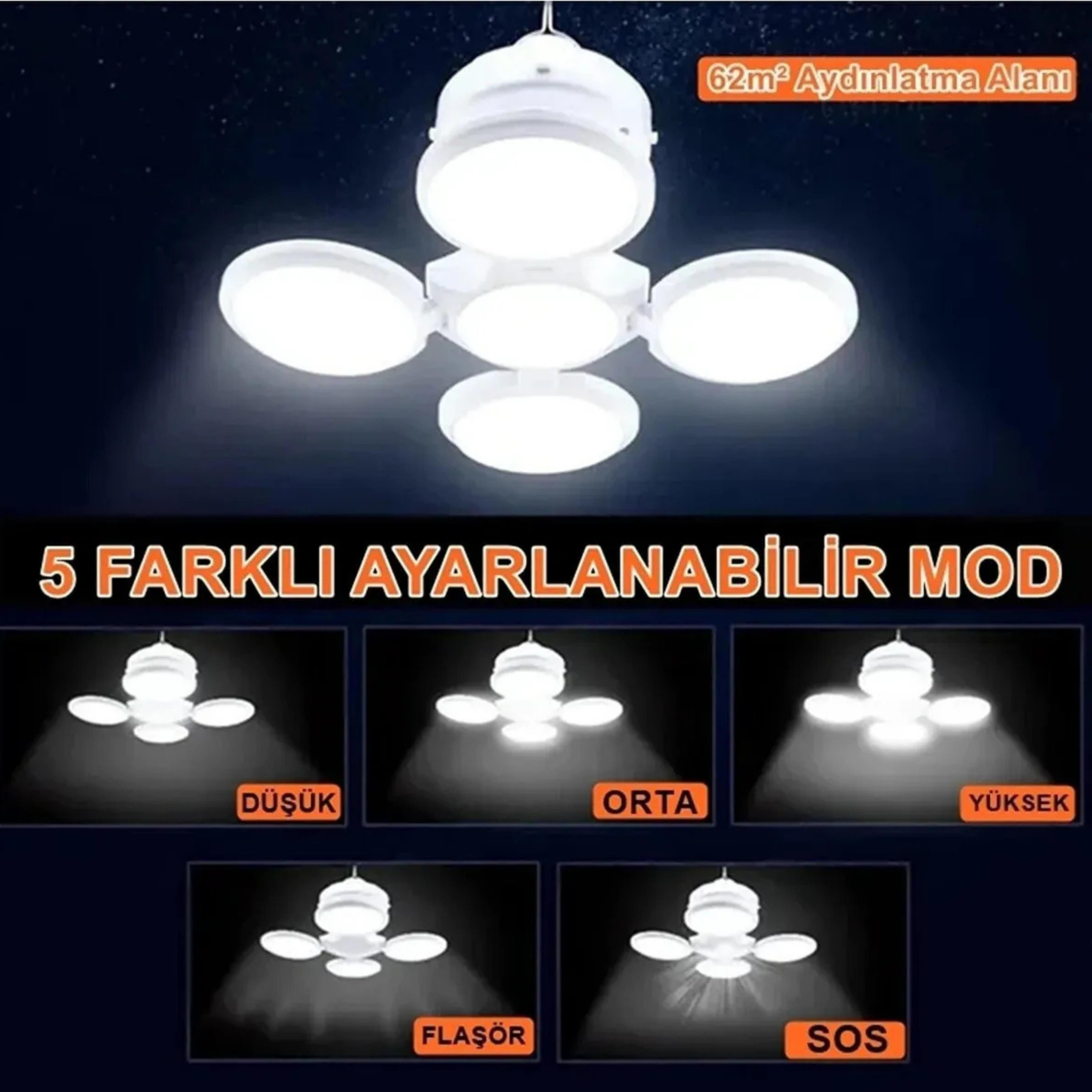 5 Kanatlı Katlanabilir Solar Ve Şarj Edilebilir Su Geçirmez Şarj Göstergeli Lamba